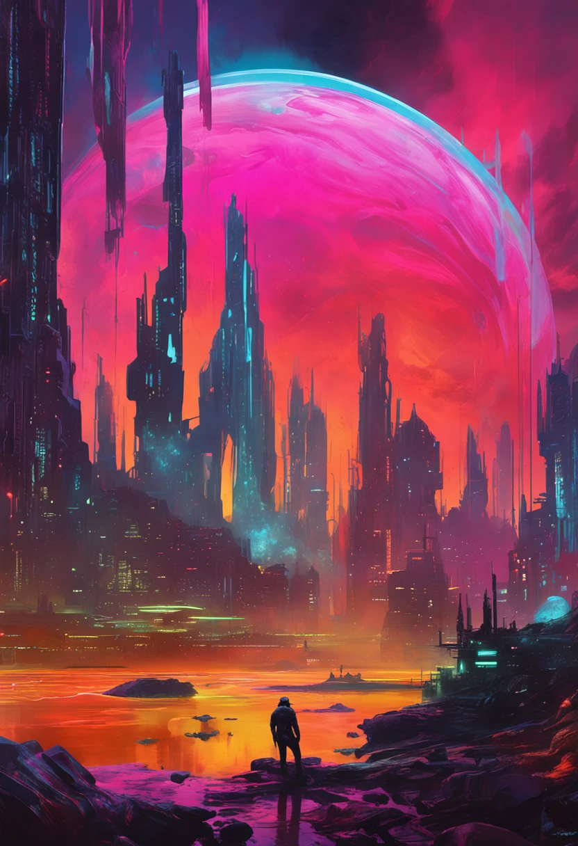 "Immersed in a cyberpunk-inspired, neon-drenched world, captivated by the surreal sight of a ring-shaped planet dominating the sky, filled with mesmerizing digital artistry."