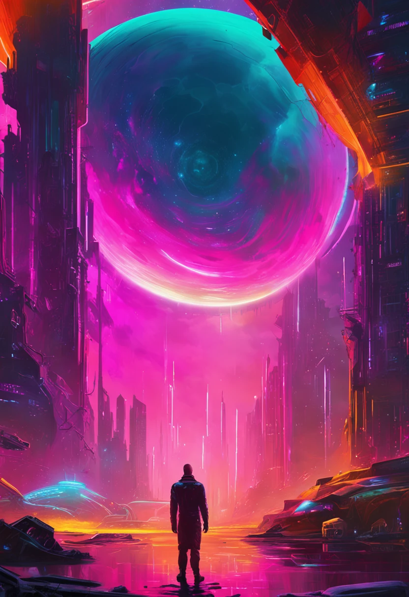 "Immersed in a cyberpunk-inspired, neon-drenched world, captivated by the surreal sight of a ring-shaped planet dominating the sky, filled with mesmerizing digital artistry."