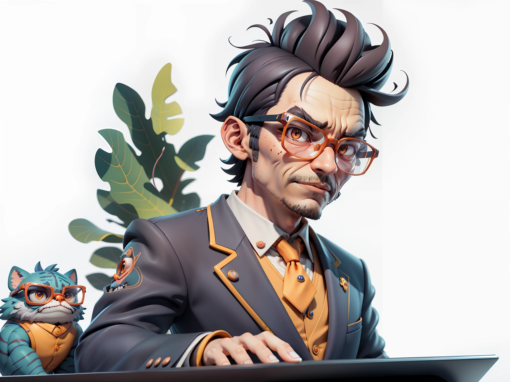A young man in a suit, Short hair and glasses sat at his desk,holding laptop,digitial painting,tigre,3D character design by Mark Clairen and Pixar and Hayao Miyazaki and Akira Toriyama,4K HD illustration,Very detailed facial features and cartoon-style visuals。