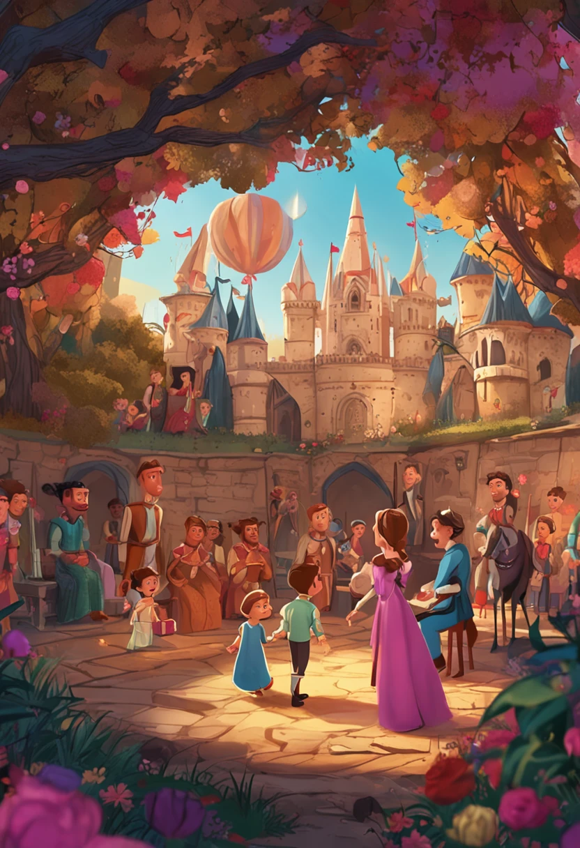 3 children playing being a princess, um principe e um plebeu, being watched by the king smiling at the children's play