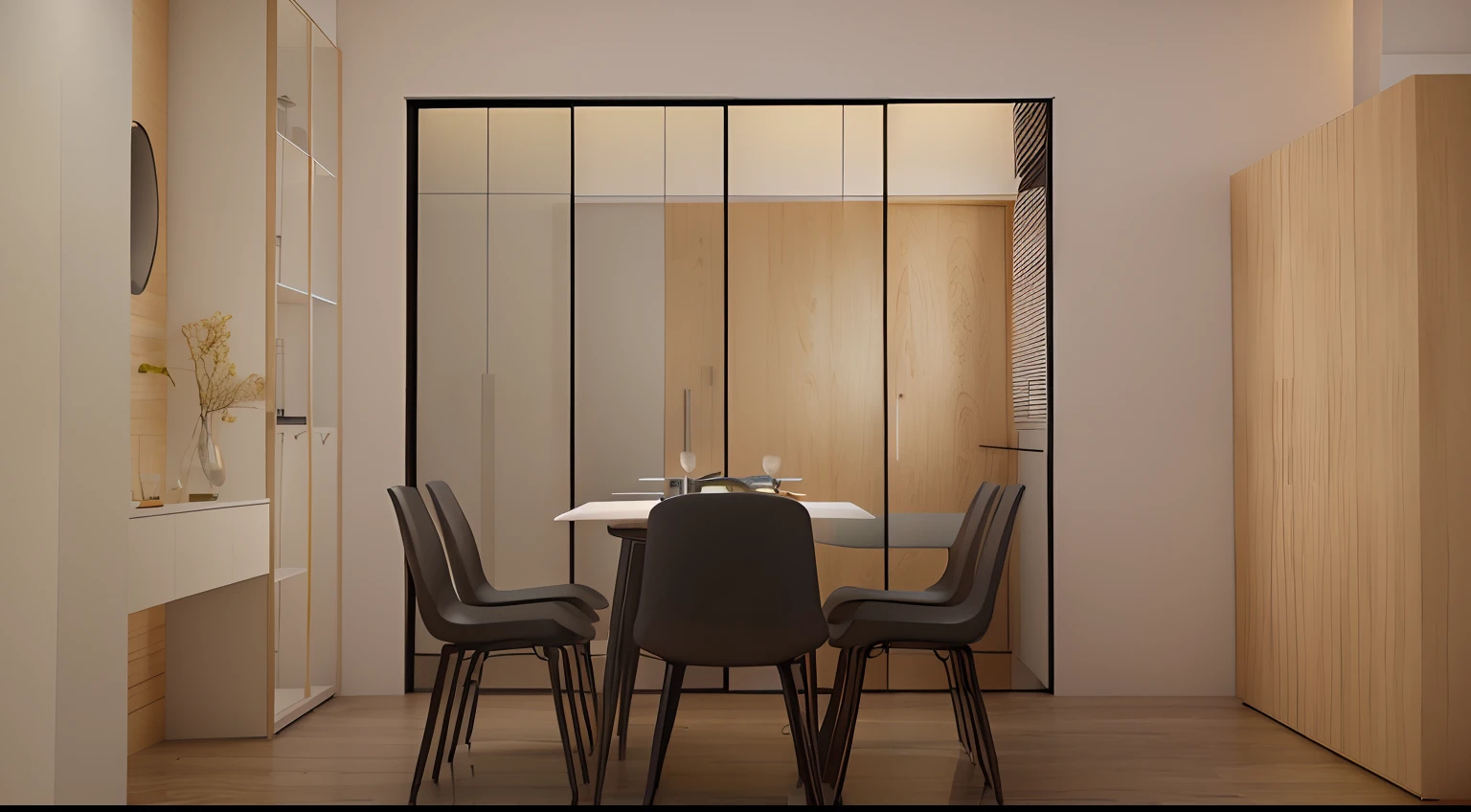 The dining room is equipped with tables and chairs。, nesting glass doors, Clear glass wall, minimal modern, modern minimal design, Modern design, Render in Vray, Rendered in V-Ray, rendered in vray, render vray, rendered in povray, vray rendered, Modern look, elegant render, modern minimalist f 2 0 clean，The chair is light solid wood