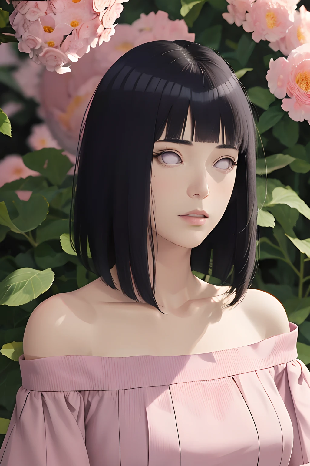Anime girl with black hair and pink dress standing in front of pink ...