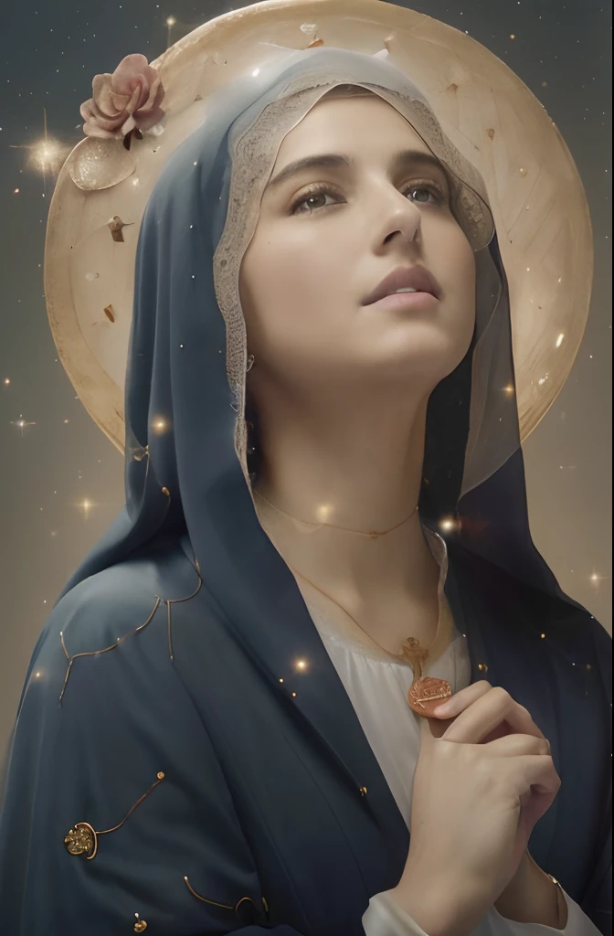 (((Saint Virgin Mary. 19 years olinetic style))) ((( Con una cara seria y piadosa. Con una mirada dulce y tierna))) (obra maestra, calidad superior, mejor calidad, arte oficial, beautiful and aesthetic: 1.2), (1girl), extremadamente detallado, (Arte fractal: 1.3), colorido, highest detailed, Cara perfecta, parte superior del cuerpo, HDR, (orando: 1.3), (golden lines of white coat: 1.2), galaxia, (rayas de luz), eye-catching visuals, (dynamic stripes, senderos luminosos: 1.2), colores vibrantes,