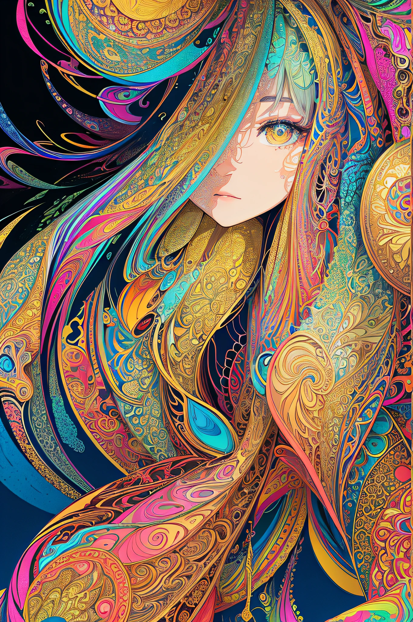 (masterpiece、top-quality、top-quality、Official Art、Beautifully Aesthetic:1.2)、Highly detailed fractal art、(colourfull:1.5)、highest details、Zentangle、a closeup、
(1girl in:1.5), 独奏, (dynamicposes), (abstract background:1.5), (The body is also drawn with fractal art),
