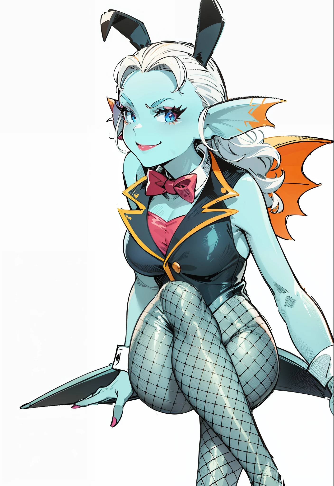 8K, high definition, animated, married woman, beautiful, small face, beautiful, bright, hair white, eye highlights, sexy, erotic, beautiful line drawing.
Light blue skin, orange ears, fins, bunny girl, bunny suit, net tights on legs, crossed legs, smiling, eyebrows raised, pink lipstick, heart eyes,adult lady、