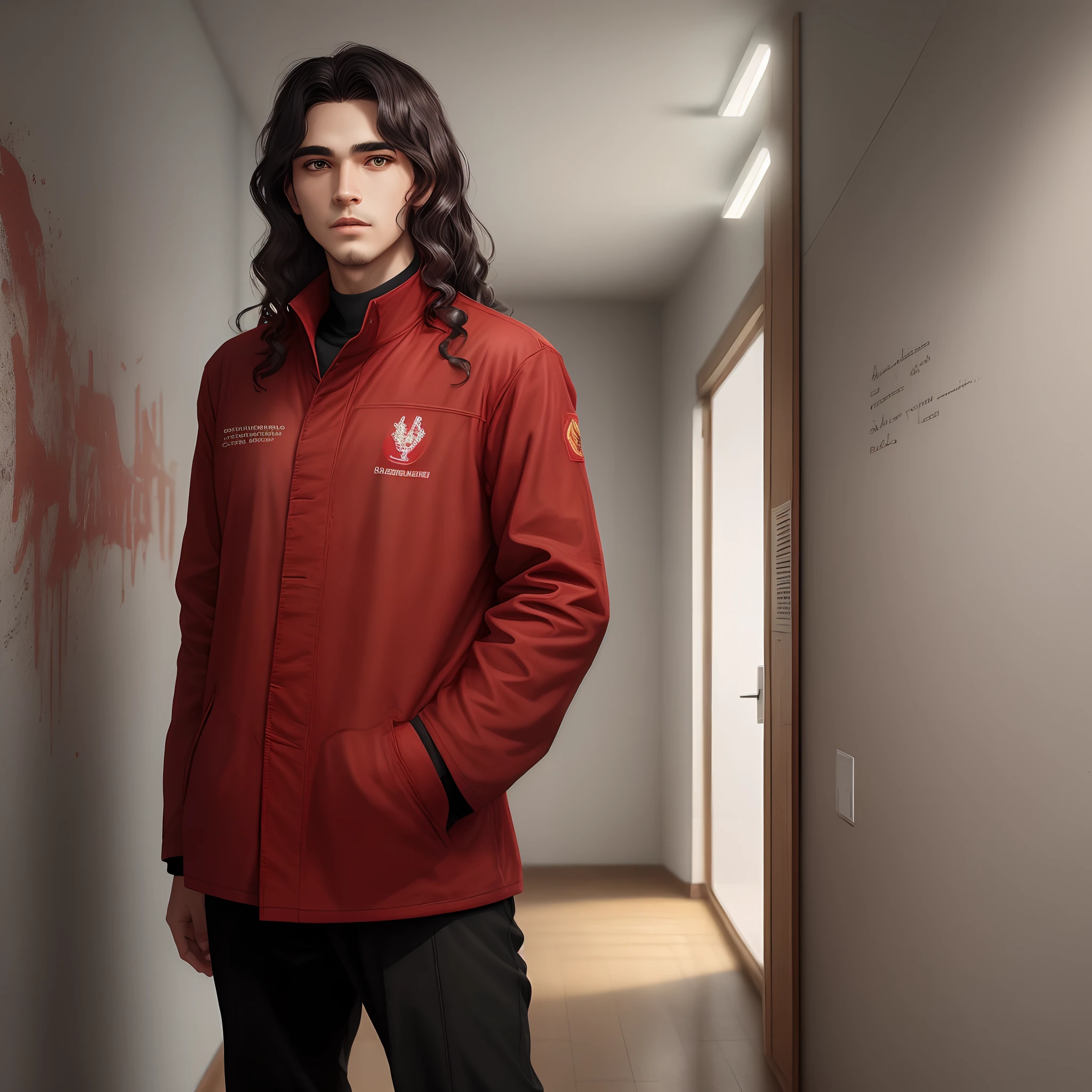 Jedi de 21 anos, mestre, medium and dark wavy hair, Red clothing with symbol of communism, um sabre de luz verde, on the wall behind him is written Darwin