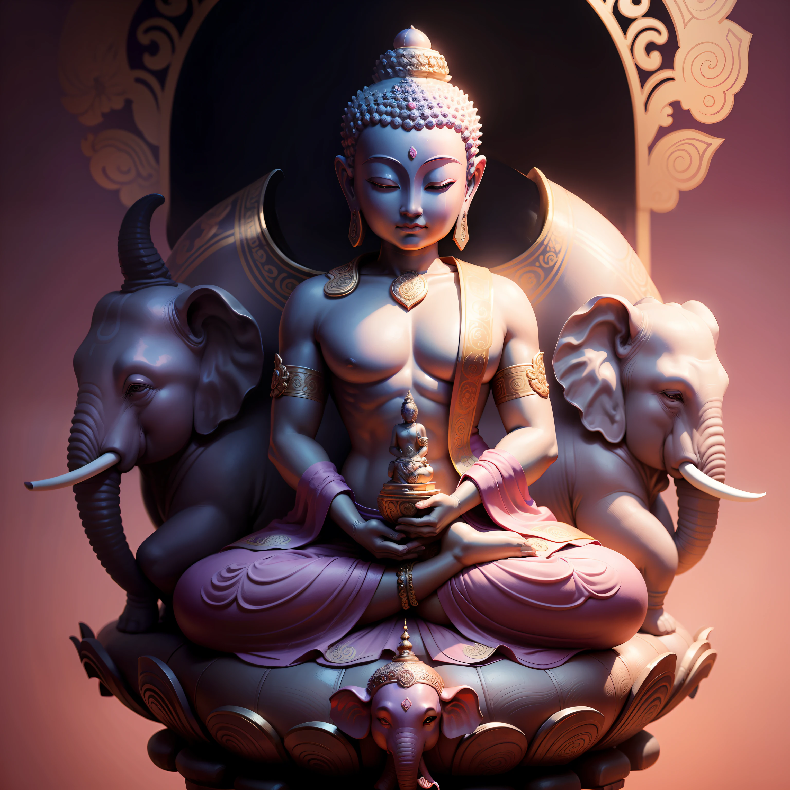Buddha statue sitting on an elephant, Puxian, Puxian Bodhisattva,floating in a powerful zen state, powerful zen composition, pink zen style, Serene expression, Zen meditation, , Sit on the back of an elephant, Zen temple background,The body is purple gold,Zhengde,Elephants are vivid