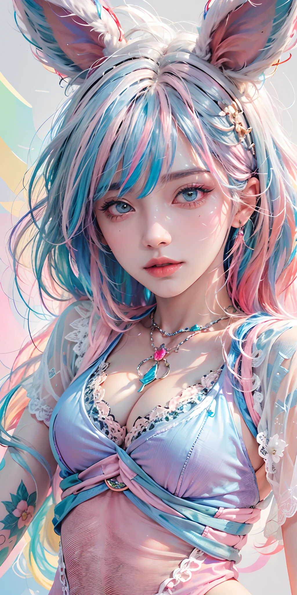 photorealistic, high resolution, soft light,1women, solo, hips up, shining skin, (detailed face),tattoo, jewelry, (rainbow color Hair,colorful hair,half blue and half pink hair:1.2), animal ears, lace bodysuit