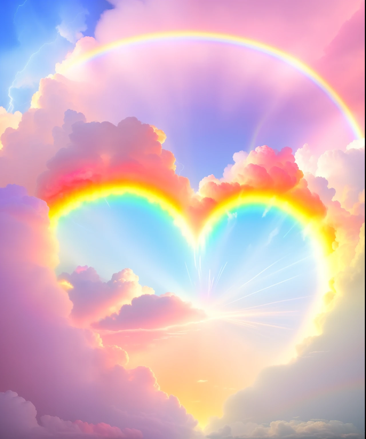 a heart shaped rainbow colored cloud in the sky, lightning, love is begin of all, very colorful heavenly, magic heart, ❤🔥🍄🌪, light - hearted, beautiful image ever created, beautiful and colorful, love os begin of all, flaming heart, heart effects, with beautiful colors, heavenly colors, beautiful art, love is infinity, bright rainbow nimbus