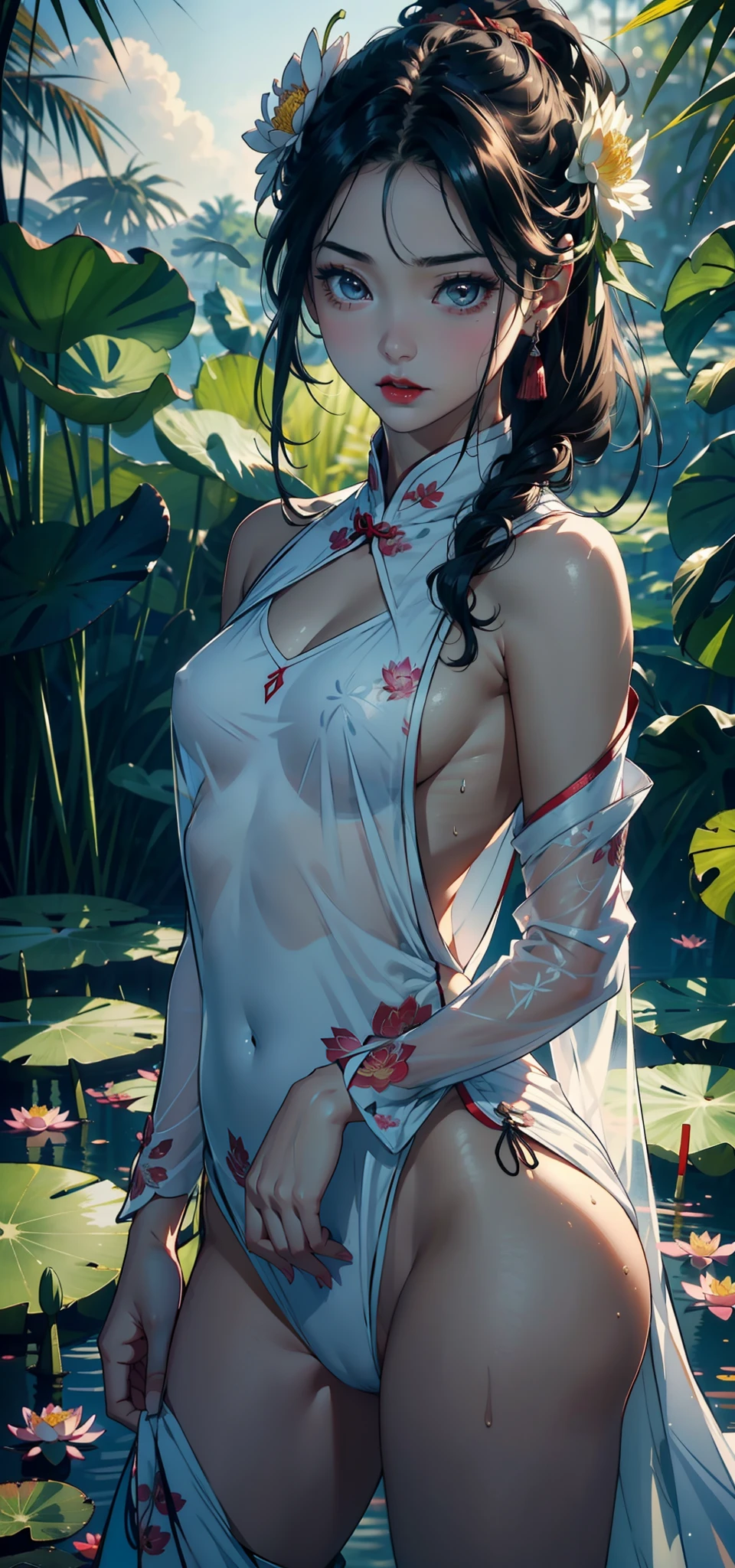 1female，for ，bit girl，Small loli，smalluboob，Raised sexy，Pornographic exposure， 独奏，（Background with：Surrounded by lotus flowers，bamboo forrest，Lotus pond，lotuses，lotus flower，china rose，rosette，chrysanthemums） She has short black hair，standing on your feet，Sweat profusely，drenched all over the body，seen from the front， hair straight， mostly cloudy sky，（（（tmasterpiece），（Very detailed CG unity 8K wallpaper），best qualtiy，cinmatic lighting，detailed back ground，beatiful detailed eyes，Bright pupils，（Very fine and beautiful），（Beautiful and detailed eye description），Black eyes，Redlip，ultra - detailed，tmasterpiece，）），facing at camera，（The upper part of the body），A high resolution，ultra - detailed），revealing breasts，Bare genitalia，  Bulge，legs are open，sexyposture，Camel toes，Flushed complexion，Open-mouthed，frontage，gallant woman，Wuxia style，A ball head，Lotus hair ornaments（Wearing：White transparent cheongsam）