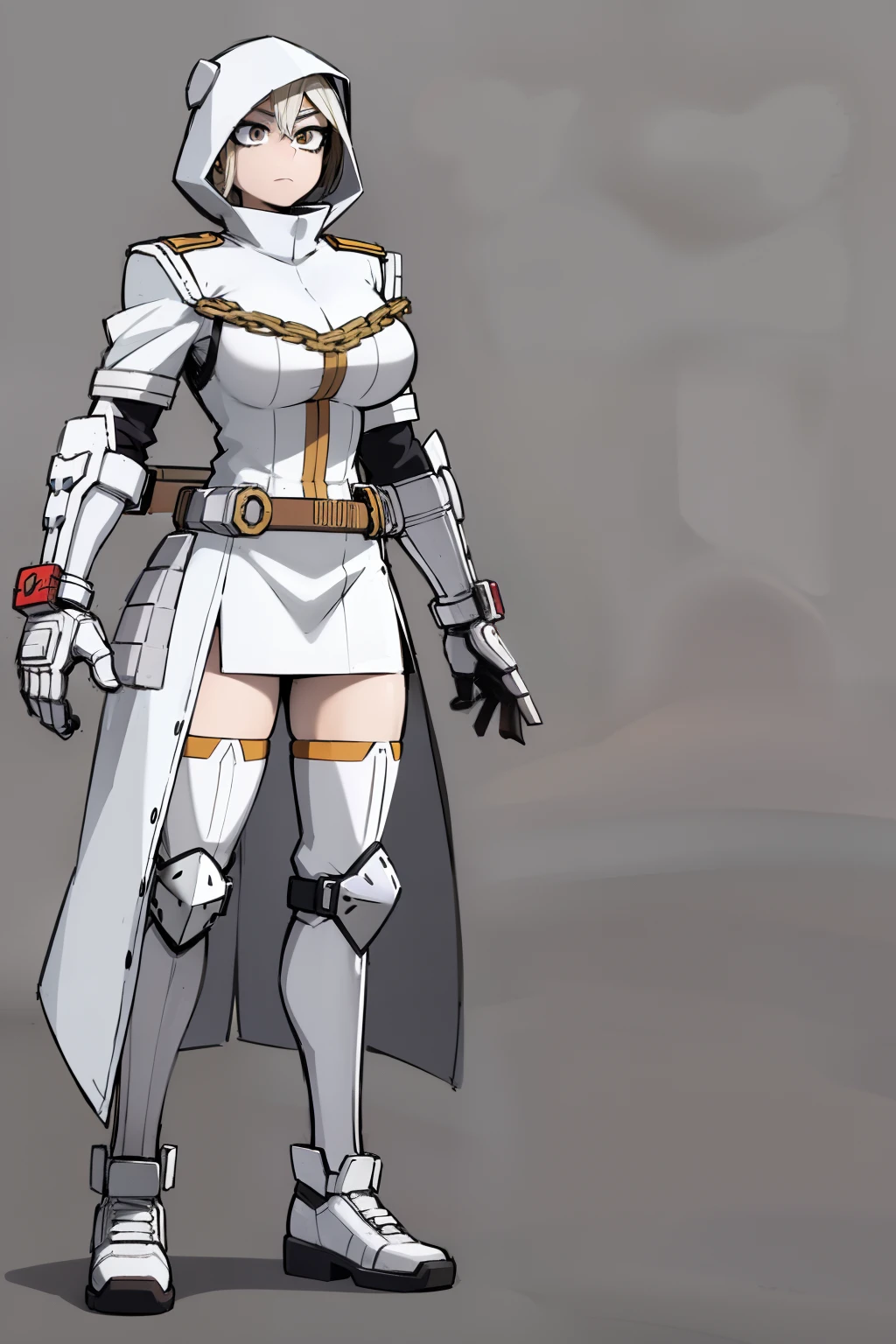 My Hero Academia style, anime Girl, female, trending on artstation pixiv, (full body shot:0.5), wide hips, wide thighs, large breast, covered head, helmet, covered face, mask, white hood, hood up, hood, white mask with black eyes, white mask, black eyes, hero costume, full body costume, white costume with light gray accents, perfect hands, Perfect anatomy, Super Detailed,