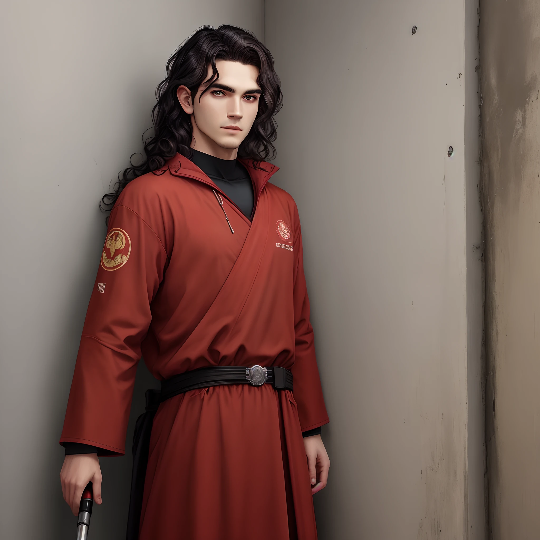 Jedi de 21 anos, mestre, medium and dark wavy hair, Red clothing with symbol of communism, um sabre de luz verde, on the wall behind him is written Darwin
