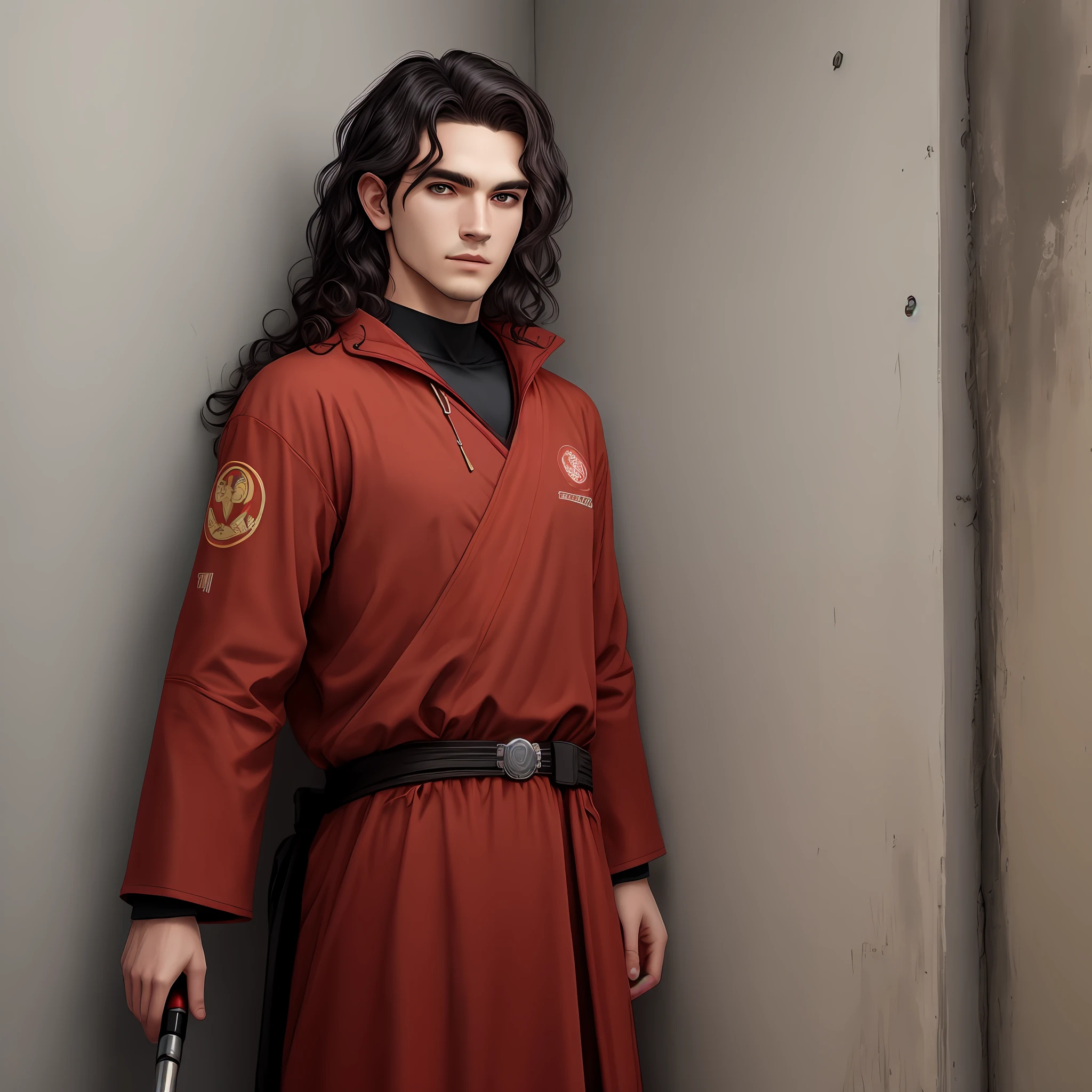 Jedi de 21 anos, mestre, medium and dark wavy hair, Red clothing with symbol of communism, um sabre de luz verde, on the wall behind him is written Darwin
