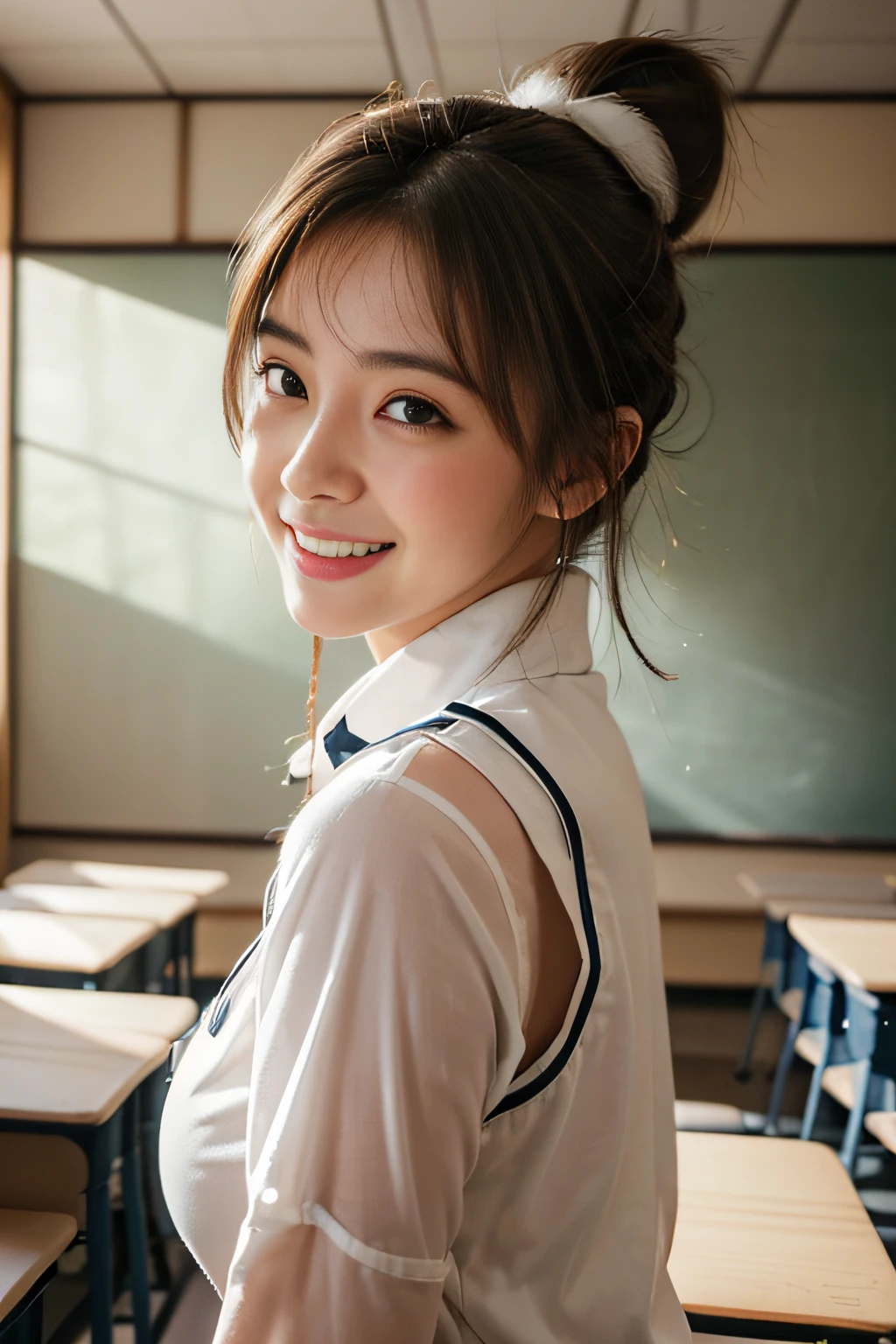 ((Beautiful girl from Japan:1.3)) ((Baseball Uniform)),  ((park)), ((in a classroom:1.3)) ((thin_textile:1.4)) ((Random sexy poses:1.3)) ((Sweaty:1.5))((blushing face:1.4)) ((Big breasts:1.1)) ((close-up:1.2)) Best Quality,Masterpiece,The ultra-Highres,(Photorealistic:1.4),Raw foto,(Full-fledged skin texture:1.3),(film grain:1.3),the panorama,character portrait,very wide shot,a narrow waist,cowboy shots,(Dark In, Deep Shadow, Low Key, cold light,) natta,(()),streaming tears,,dust,Tyndall Effect,(expressions),1Girl,beautiful detailed eyes and face,White Jabot,Brown eyes,((Brown hair:1.2)) ((s whole body)) ((Smile:1.3)),(((a bun)))
