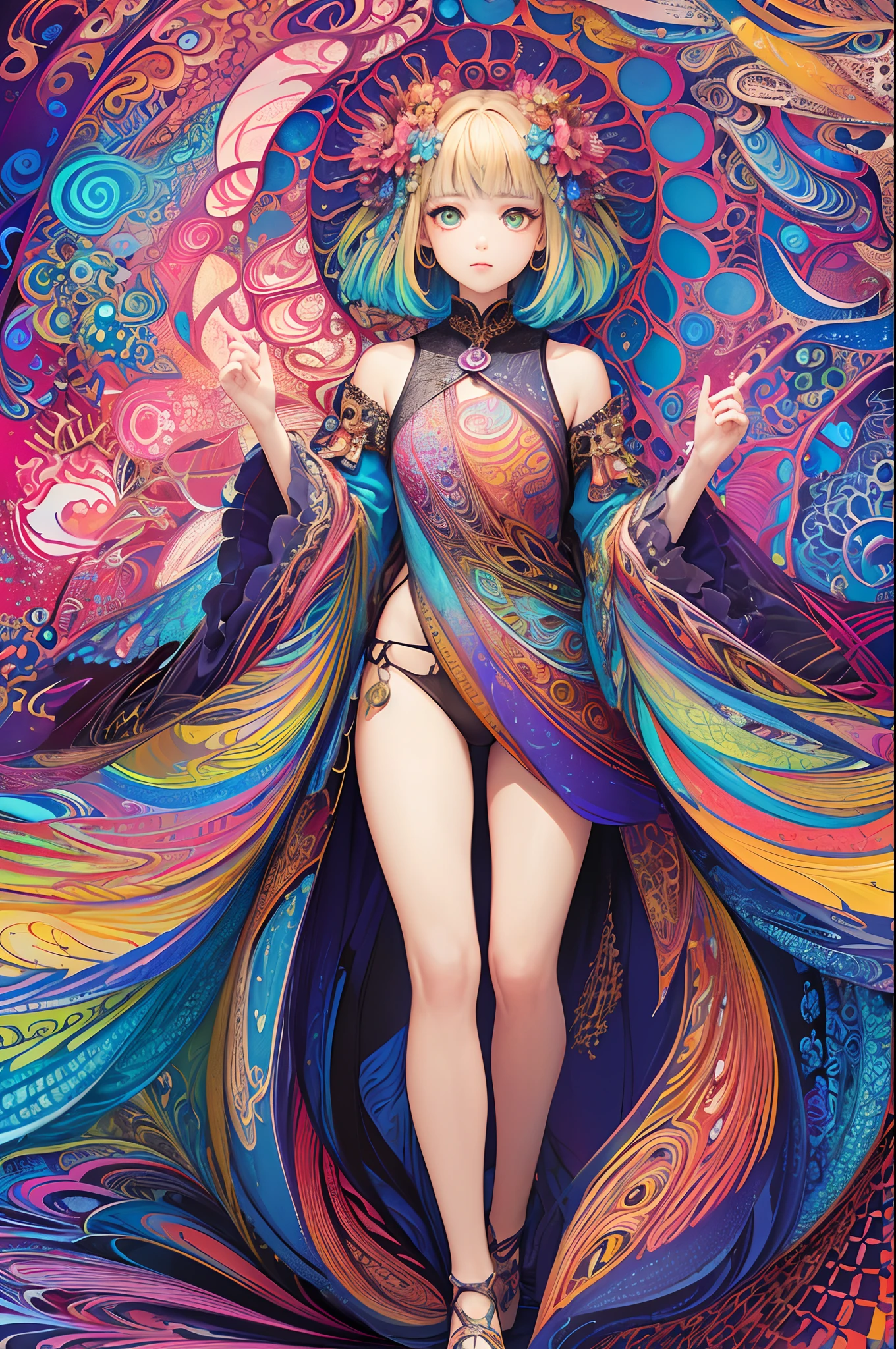 (masterpiece、top-quality、top-quality、Official art、Beautifully Aesthetic:1.2)、Highly detailed fractal art、(colourfull:1.5)、highest details、Zentangle、a closeup、
(1girl in:1.5), 独奏, (dynamicposes), (Abstract background:1.5), (The body is also painted with fractal art),