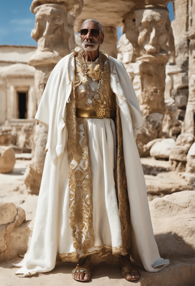 Homem, dressed to the feet in a long white garment and girded by the chest with a golden belt.  His head and hair white as white wool, como a neve, e os olhos, como chama de fogo; your feet, similar to shiny brass, como se tivesse sido refinado numa fornalha;