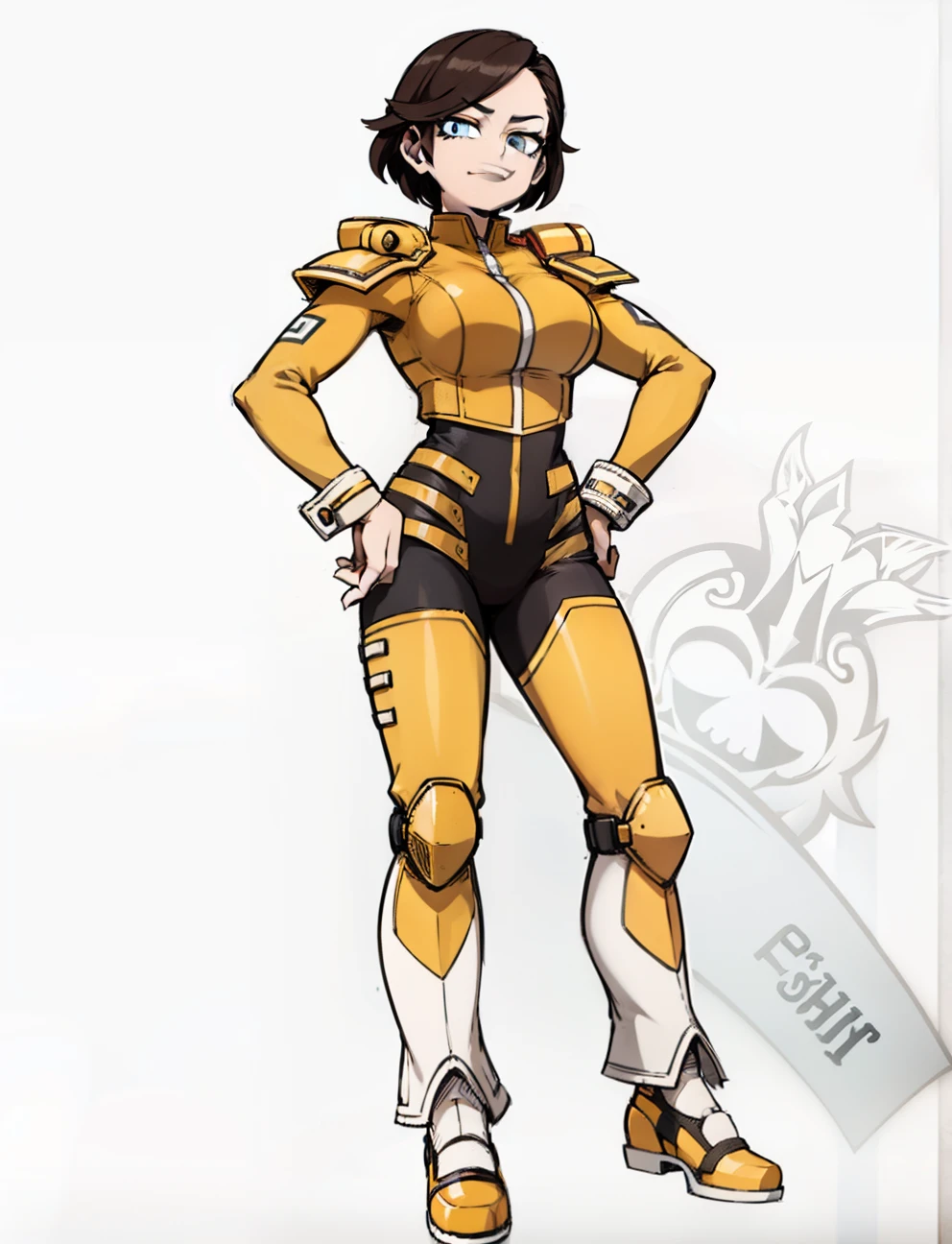 My Hero Academia style, anime Girl, female, trending on artstation pixiv, (full body shot:0.5), wide hips, wide thighs, large breast, Brown hair, long hair, curly hair, blue eyes, hero suit, full body suit, yellow suit with black and white accents, joyful gaze, smug, clenched fists, perfect hands, Perfect anatomy, Super Detailed,
