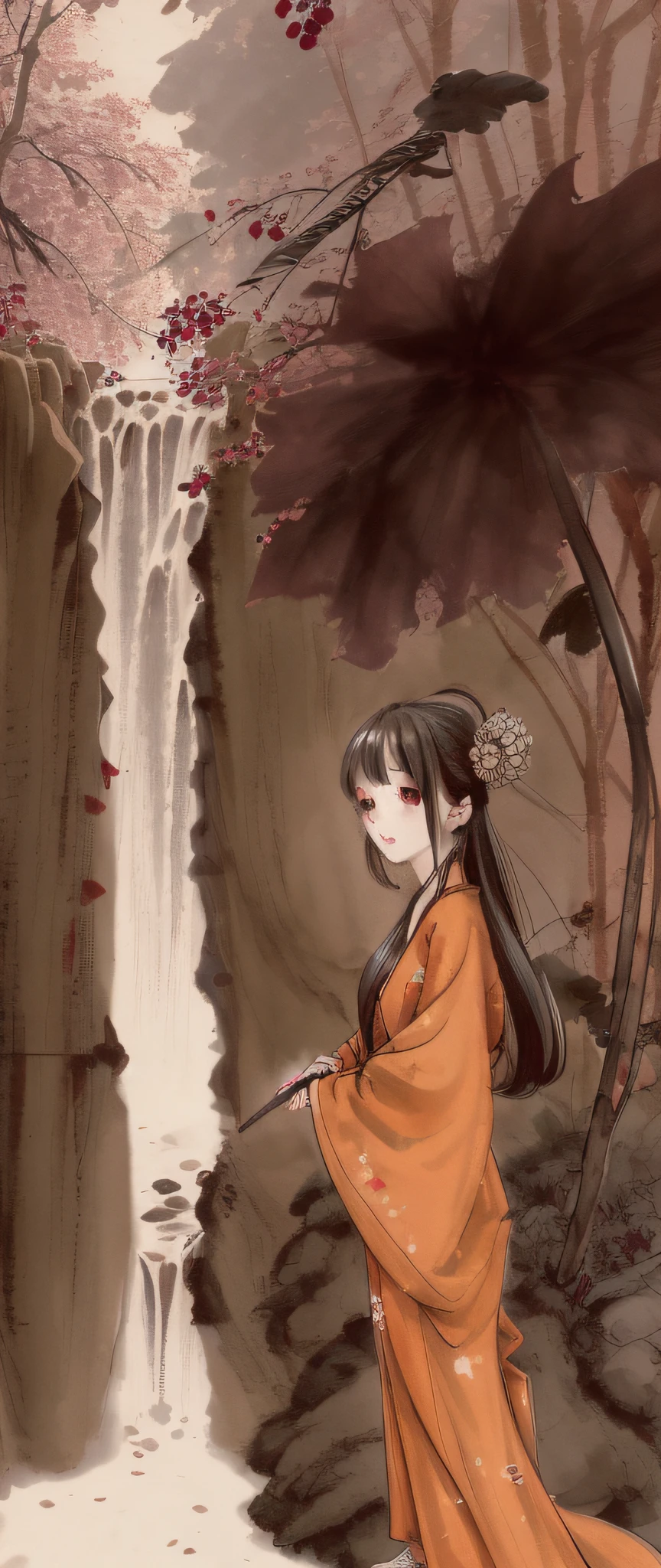 ((4k, masterpiece, best quality)), shuimobysim, traditional Chinese ink painting, lotus, hanfu, maxiskit, conservative dress 1girl, solo, long orange hair, smile, standing, waterfall background, cherry trees.