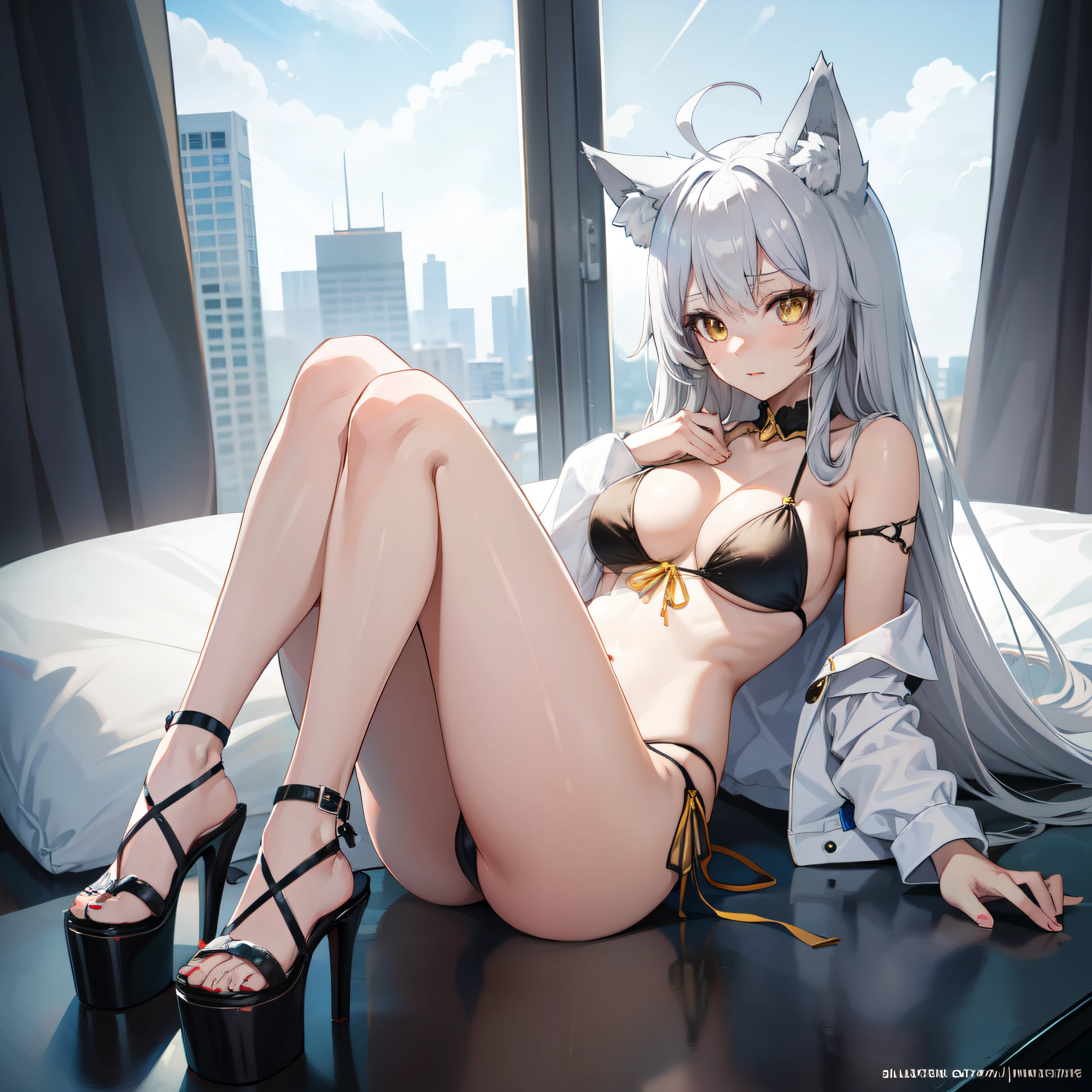 Anime girl, silver hair, yellow eyes, wolf ears, , full body shot, , high heels, skinny