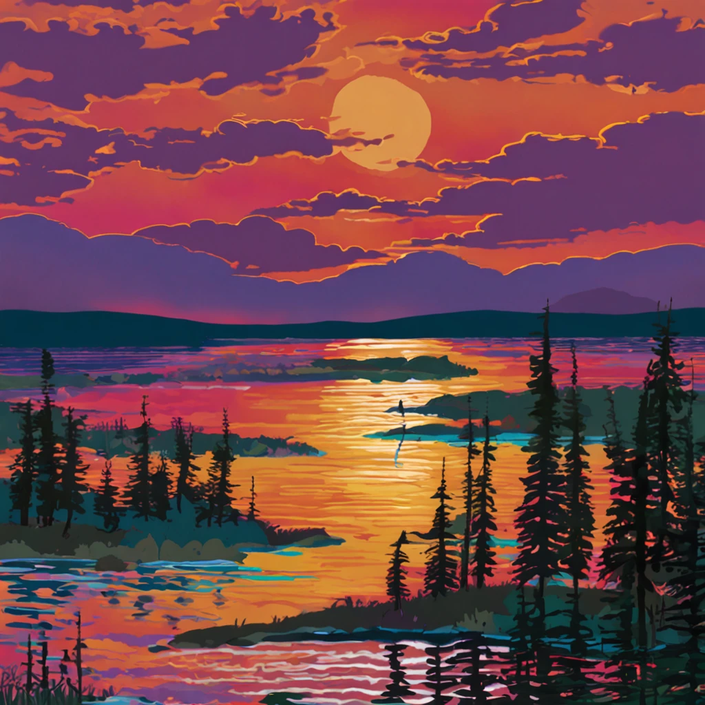 Pa painting of a sunset over a lake, uma pintura de arte de Yvonne Jacquette, deviantart, Pintura de cena americana, Non-Instagram art, pintura detalhada, oil on the canvas