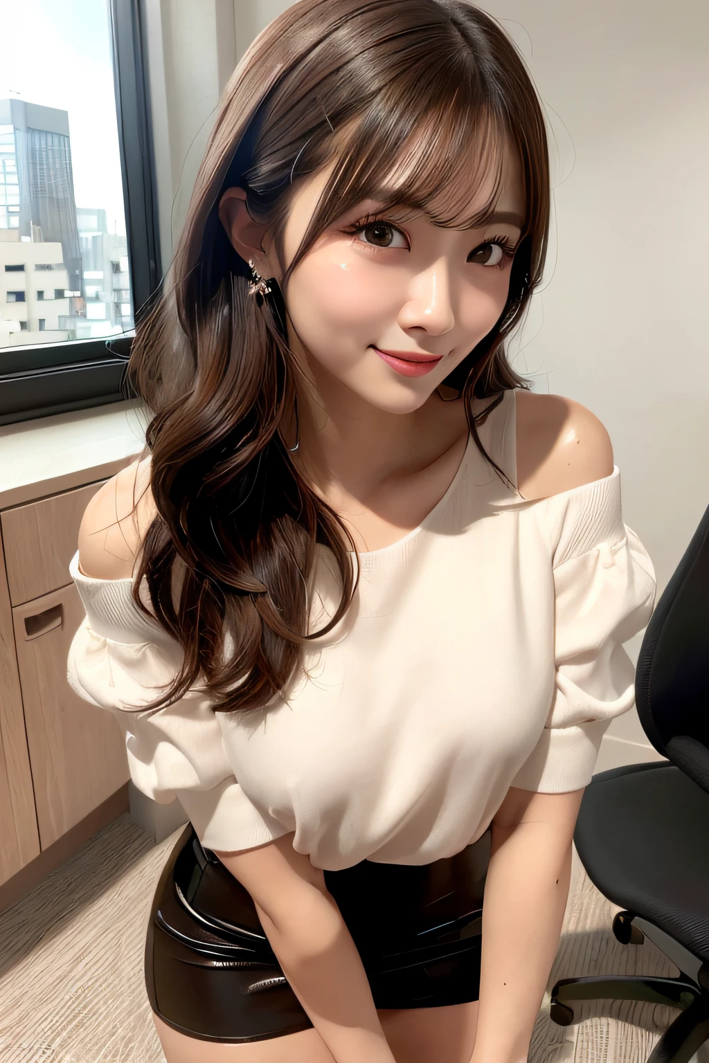 first-person-view, (masterpiece:1.3), high resolution, ultra detailed, extremely detailed CG unity 8k wallpaper, realistic, photo-realistic, RAW photo, beautiful detailed face, pale skin, realistic glistening skin, detailed cloth texture, detailed hair texture, Perfect body, Beautiful Face, accurate, Anatomically correct, Highly detailed face and skin texture, natural neck length, (beautiful hands), (fair skin:1.2), Thin legs, Thin feet, perfectly aligned teeth,
BREAK,
Detailed eyes, symmetric eyes, Light Brown eyes, Double eyelids, Thin eyebrows, (Glossy lips:1.4), (gently smile:1.2), (blush:1.1),
BREAK,
(A Classy and Cute girl), (off-shoulder White silk blouse), (Light pink Pencil skirt:1.2), (sheer stockings), (pin heels),
medium breasts, (slender figure:1.1), firm abs, beautiful clavicle,
(Dark blonde hair, wavy hair, long hair:1.3), ((asymmetrical bangs:1.2)),
BREAK,
(leaning against the desk with holding a coffee:1.2),
((in the modern office of Japan)), (Cowboy shot:1.2), looking at viewer, from below:0.65,