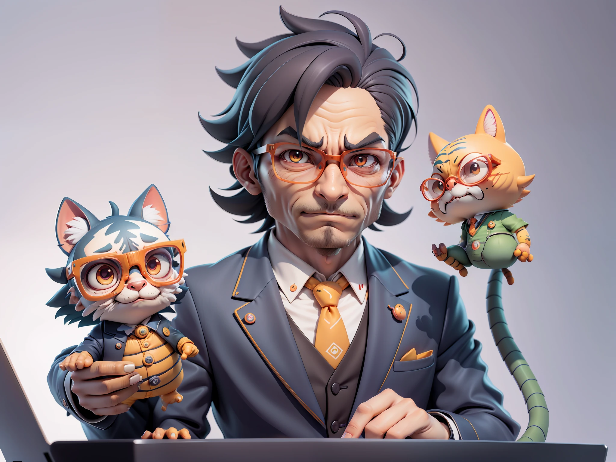 A young man in a suit, Short hair and glasses sat at his desk，holding laptop，digitial painting，tigre，3D character design by Mark Clairen and Pixar and Hayao Miyazaki and Akira Toriyama，4K HD illustration，Very detailed facial features and cartoon-style visuals。