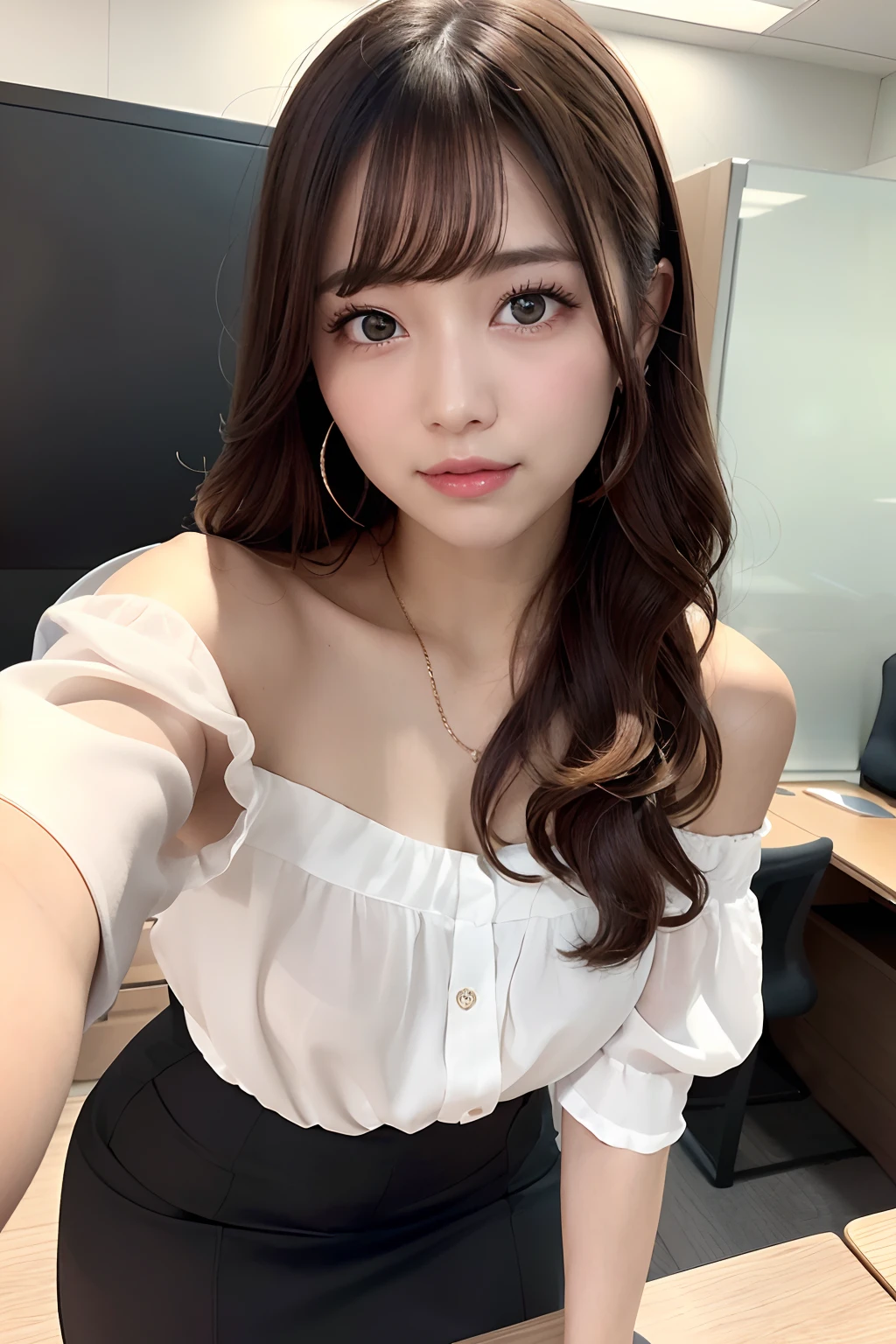 first-person-view, (masterpiece:1.3), high resolution, ultra detailed, extremely detailed CG unity 8k wallpaper, realistic, photo-realistic, RAW photo, beautiful detailed face, pale skin, realistic glistening skin, detailed cloth texture, detailed hair texture, Perfect body, Beautiful Face, accurate, Anatomically correct, Highly detailed face and skin texture, natural neck length, (beautiful hands), (fair skin:1.2), Thin legs, Thin feet, perfectly aligned teeth,
BREAK,
Detailed eyes, symmetric eyes, Light Brown eyes, Double eyelids, Thin eyebrows, (Glossy lips:1.4), (gently smile:1.2), (blush:1.1),
BREAK,
(A Classy and Cute girl), (off-shoulder White silk blouse), (Light-Pink tight skirt:1.2), (Black sheer stockings), ('zettairyouiki'),
medium breasts, (slender figure:1.1), firm abs, beautiful clavicle,
(Dark blonde hair, wavy hair, long hair:1.3), ((asymmetrical bangs:1.2)),
BREAK,
(Leaning forward the desk with Holding a coffee:1.2),
((in the modern office of Japan)), (Cowboy shot:1.2), looking at viewer, from below:0.65,