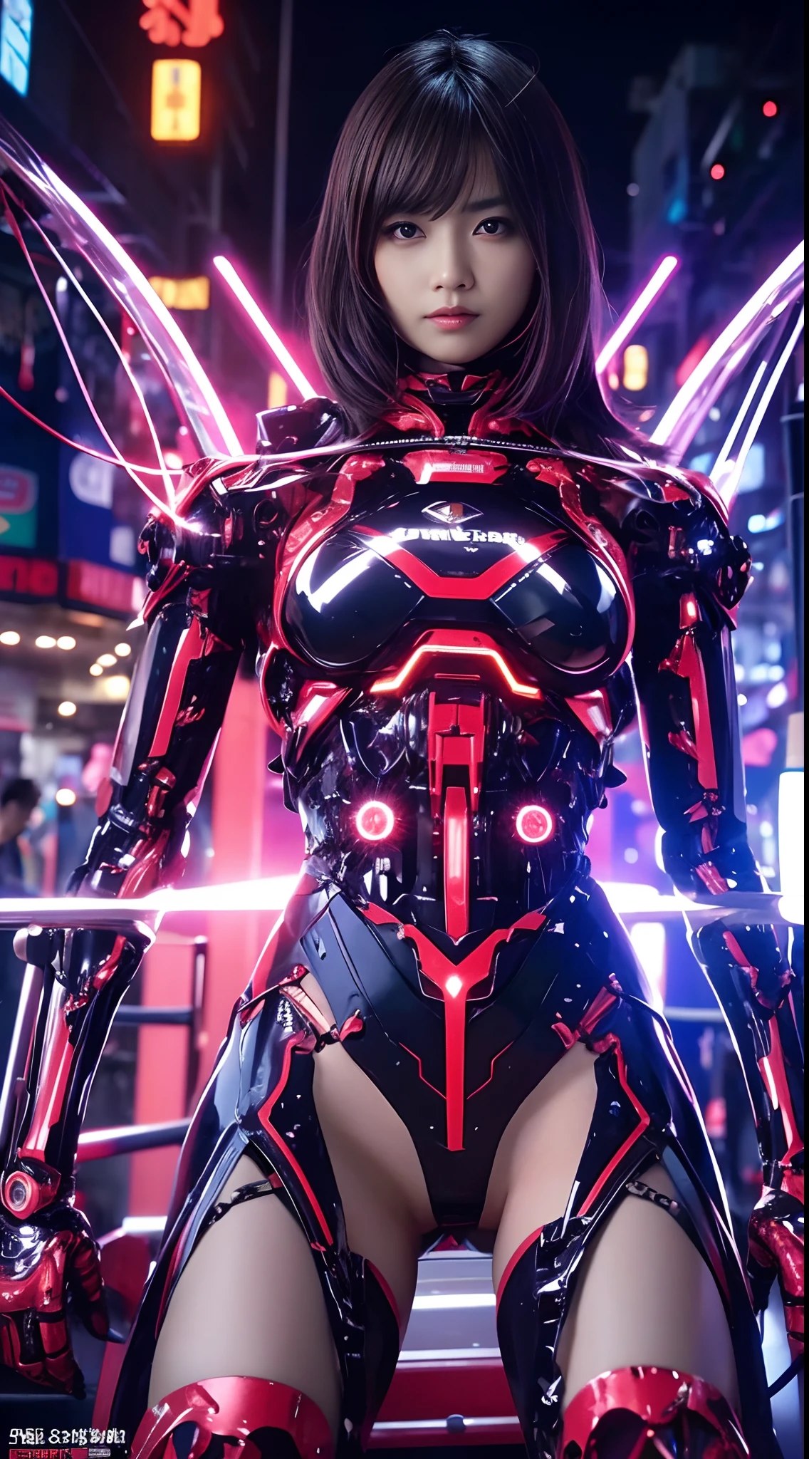 Top Quality, Masterpiece, Ultra High Resolution, (Photorealistic: 1.4), Raw Photo, 1 Girl, Black Hair, Glossy Skin, 1 Mechanical Girl, (Ultra Realistic Detail)), Portrait, Global Illumination, Shadows, Octane Rendering, 8K, Ultra Sharp, Big, Cleavage Exposed Raw Skin, Metal, Intricate Ornament Details, Japan Details, Very intricate details, realistic light, CGSoation trend, purple eyes, glowing eyes, facing the camera, neon details, mechanical limbs, blood vessels connected to the tube, mechanical vertebrae attached to the back, mechanical cervical attachment to the neck, sitting, wires and cables connecting to the head, gundam, small LED lamps,