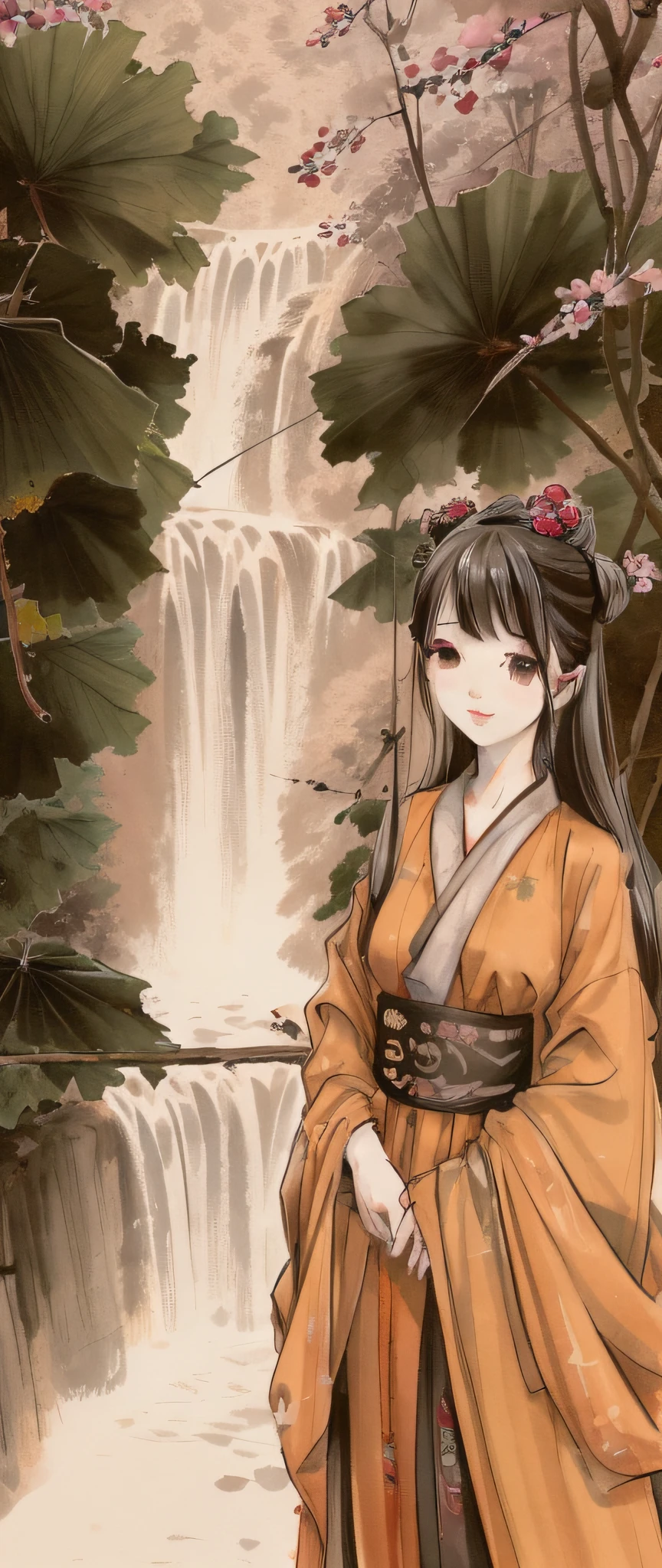 ((4k, masterpiece, best quality)), shuimobysim, traditional Chinese ink painting, lotus, hanfu, maxiskit, conservative dress 1girl, solo, long orange hair, smile, standing, waterfall background, cherry trees.