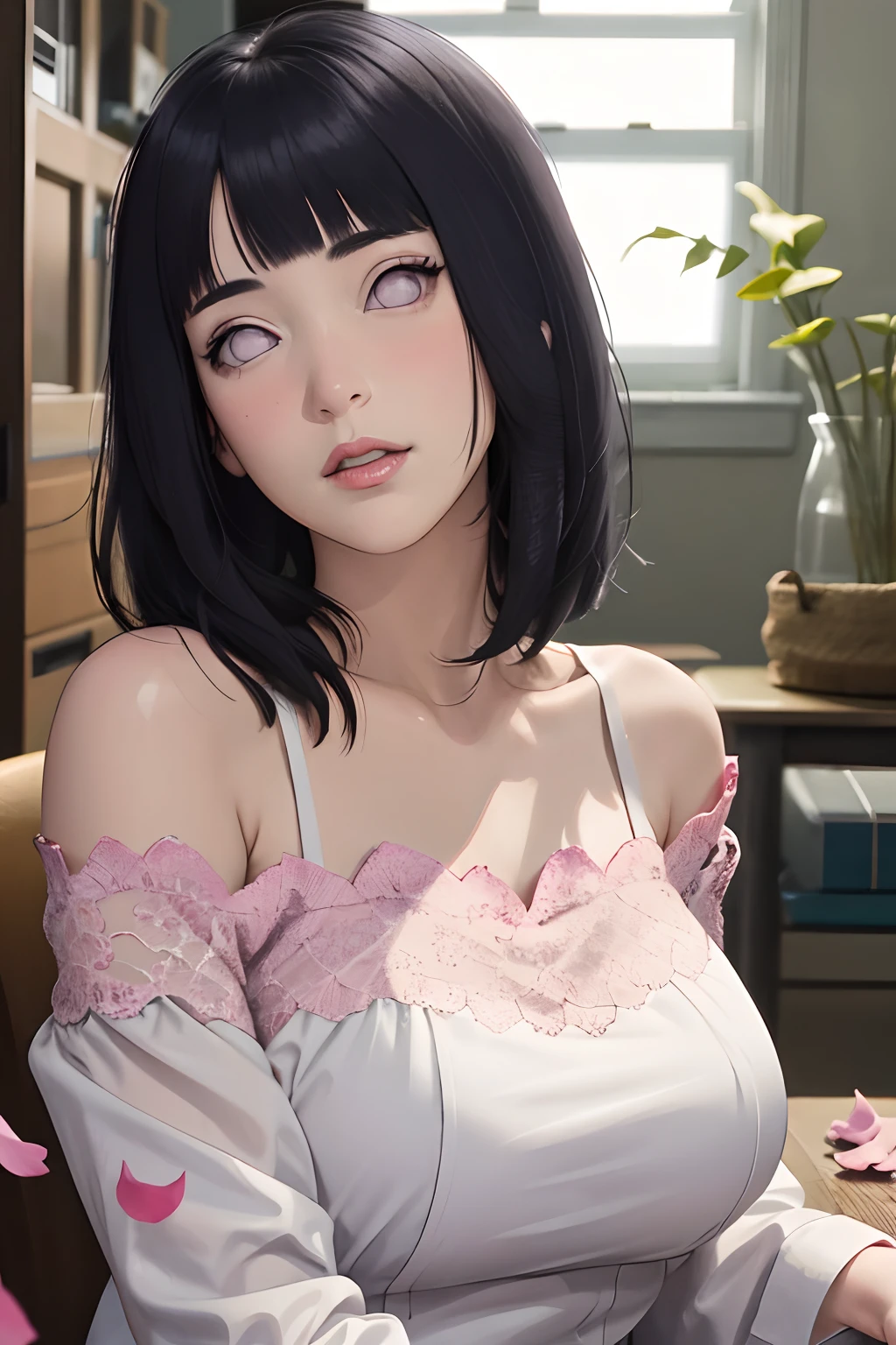 masterpiece, absurdres, hinata\(boruto\), 1girl, solo,mature female, wearing red bra and panty, off-shoulder strapt bra ,looking at viewer, (falling petals), perfect composition, detailed lips, big breast, beautiful face, body propotion, blush, (pink lips), long hair, purple eyes, soft gaze, super realistic, detailed, photoshoot, realistic face and body