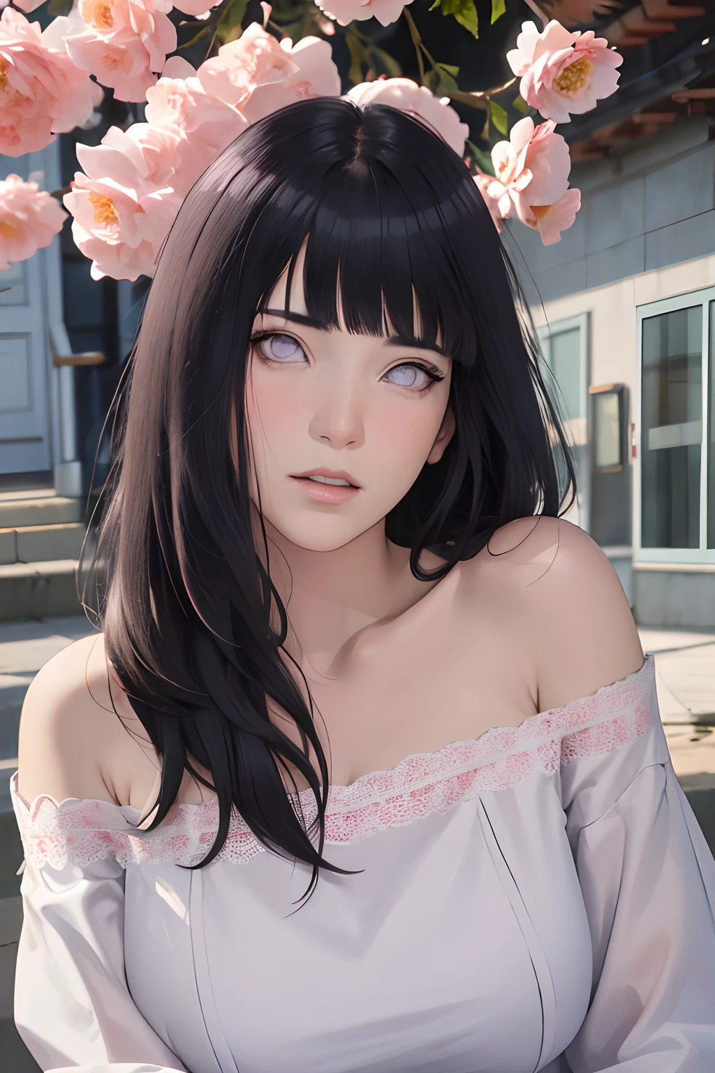 masterpiece, absurdres, hinata\(boruto\), 1girl, solo,mature female, off-shoulder lace shirt, While looking at the camera, (falling petals), perfect composition, detailed lips, big breast, beautiful face, body propotion, blush, (pink lips), long hair,  purple eyes,  soft gaze,  super realistic, detailed, photoshoot, realistic face and body,