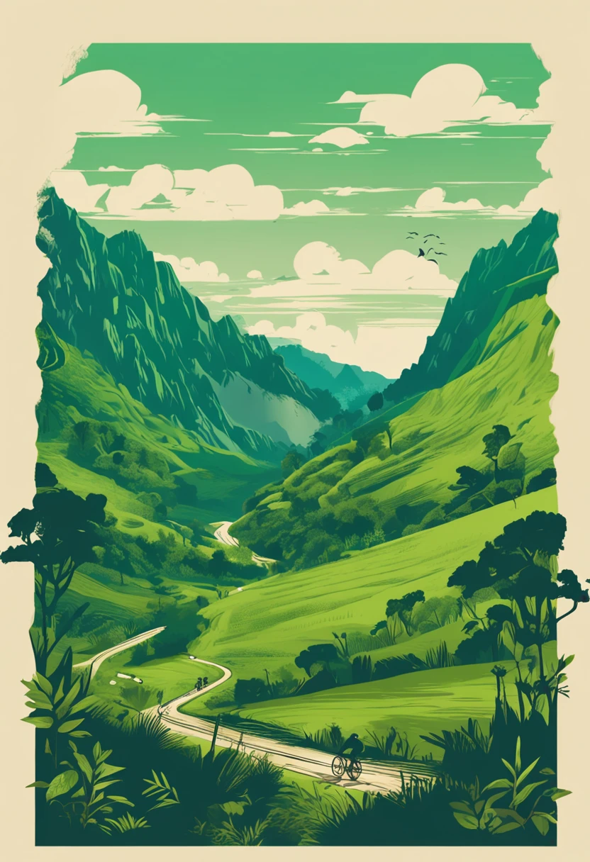 a man riding a mountain bike on top of a lush green hillside next to a lush green valley filled with trees; sumatraism, a matte painting, Cui Bai, mountains 8K