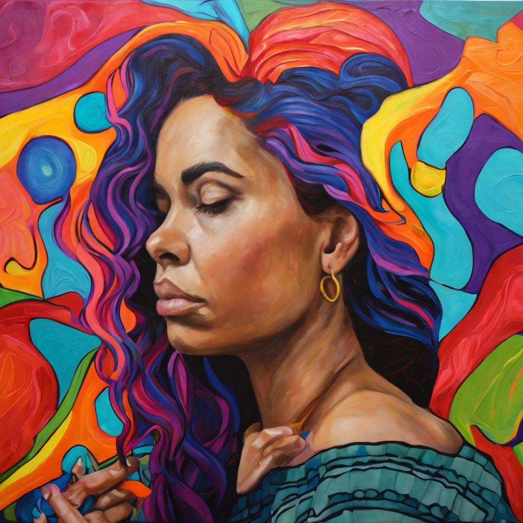 a painting of a woman with colorful hair, an oil on canvas painting by Olivia Peguero, behance contest winner, fauvism, oil on canvas, acrylic art, fauvism