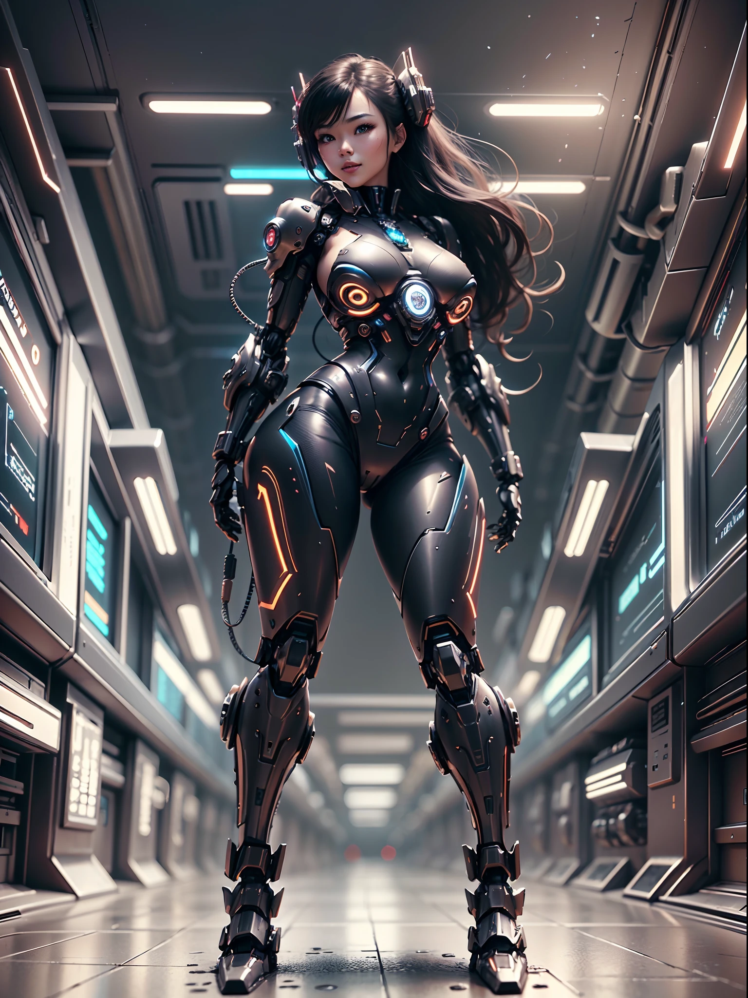 Mecha combined with flesh sexy asian woman, cyberpunk, full body, standing, hairstyle long hair, smile, cute face. Intricate and reflective details. Background is in focus and in hyper detail. Your face is very cute and sexy. 4k unreal engine 5 monochromatic