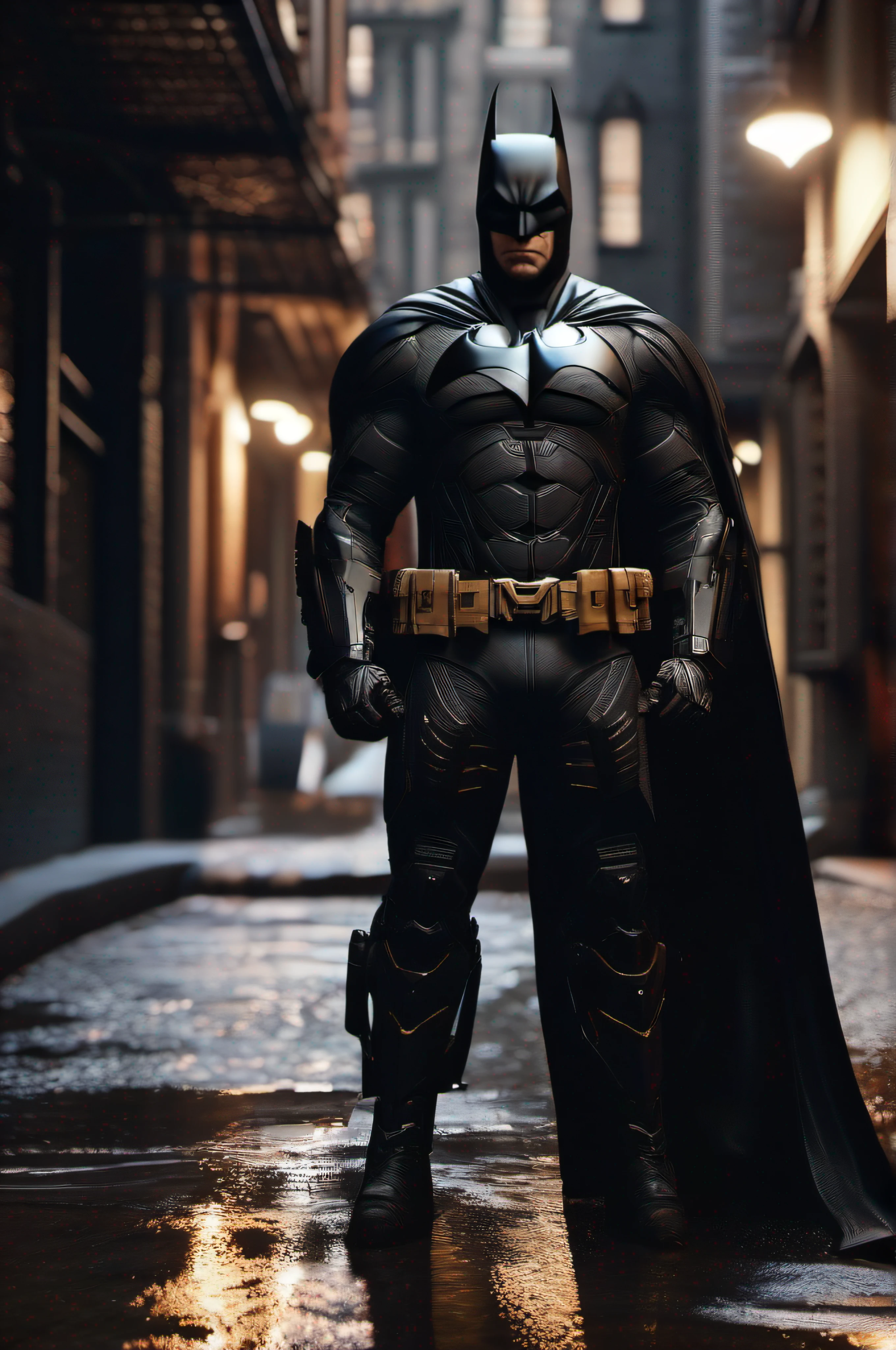 "A photorealistic 8K image of Batman in his new futuristic armor, rendered in Unreal Engine 5. The armor is made of a sleek black material with intricate gold detailing. Batman is standing in a dark alleyway, bathed in the light of a single streetlamp. His eyes are glowing red, and he is ready to take on the night."