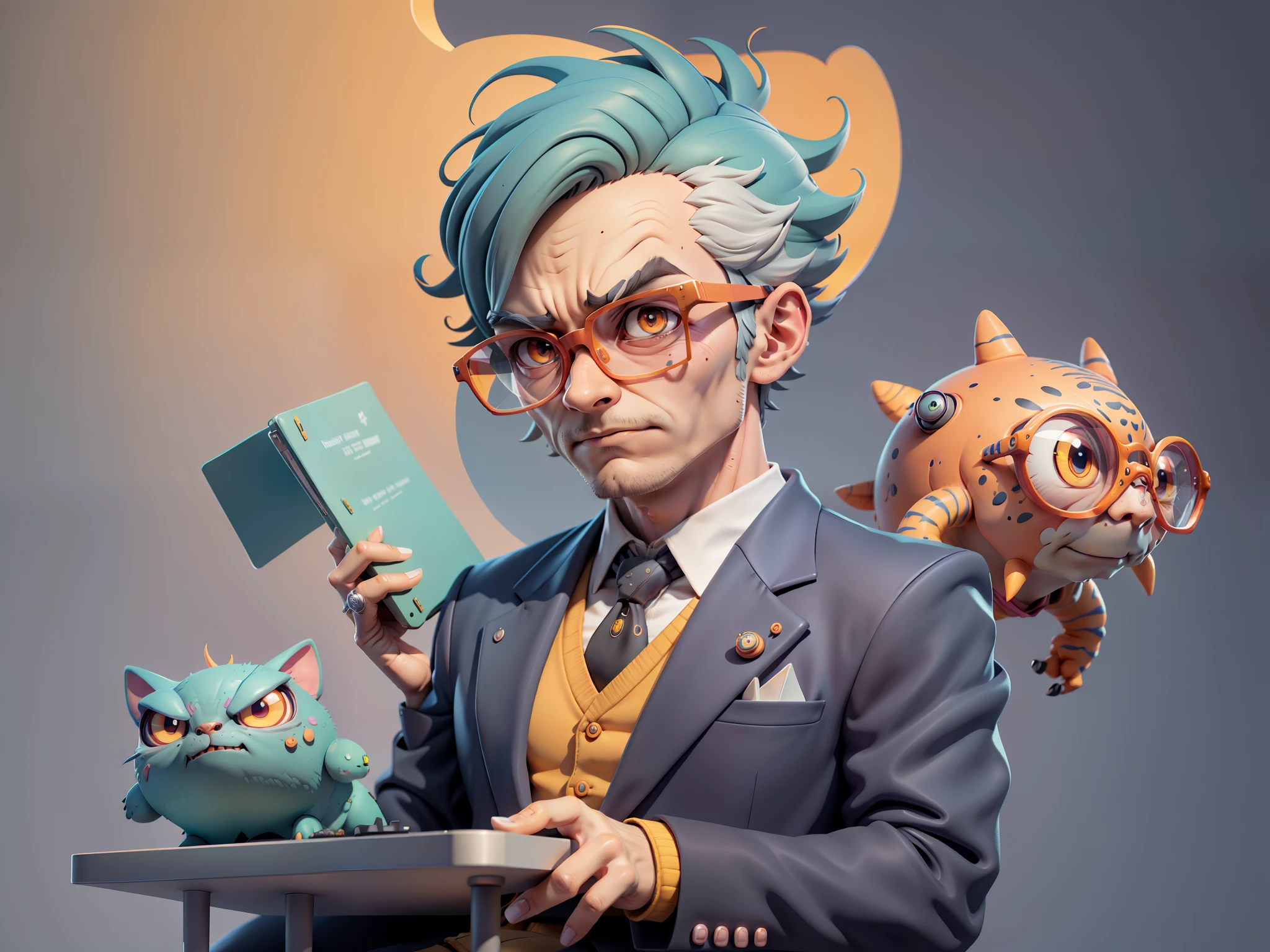 A young man in a suit, Short hair and glasses sat at his desk，holding laptop，digitial painting，tigre，3D character design by Mark Clairen and Pixar and Hayao Miyazaki and Akira Toriyama，4K HD illustration，Very detailed facial features and cartoon-style visuals。