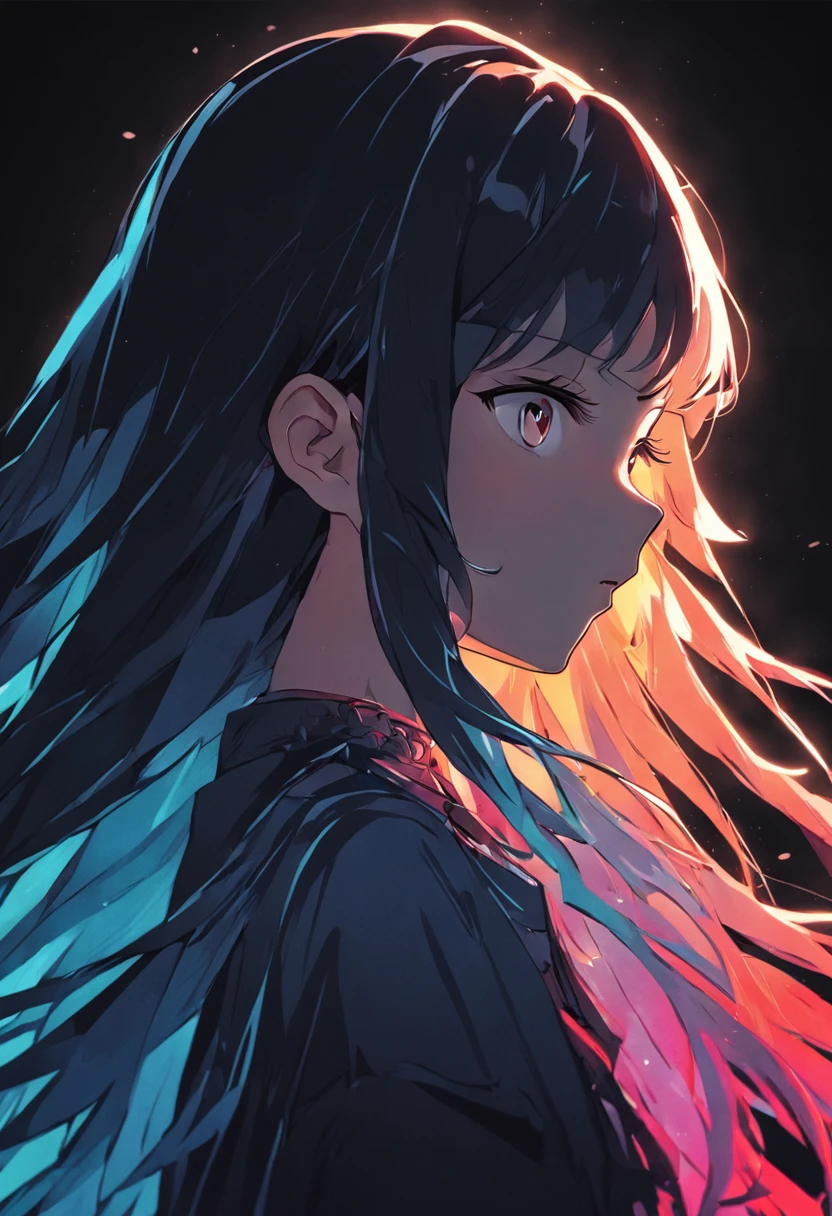 (black background:1.4),(Silhouette of a woman's head, Eyes closed, colorfull long hair, Oriental elements),(Chinese illustration:1.3),( reasonable design, Clear lines, High sharpness,Best quality, Very detailed, Masterpiece, movie light effect, 4K )