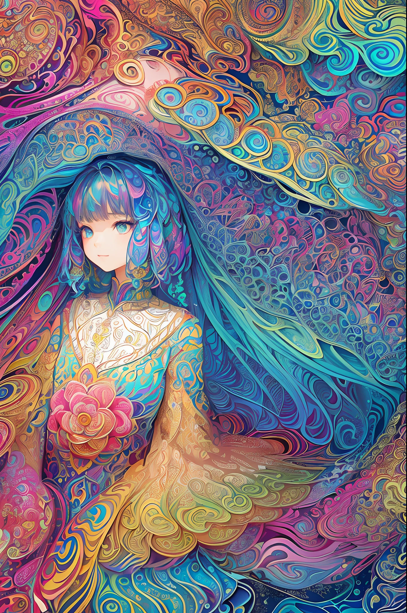 (​masterpiece、top-quality、top-quality、Official art、Beautifully Aesthetic:1.2)、Highly detailed fractal art、(colourfull:1.5)、highest details、Zentangle、a closeup、
(1girl in:1.5), 独奏, (dynamicposes), (Abstract background:1.5), (Do not show skin except for the face), (The body is also painted with fractal art),
