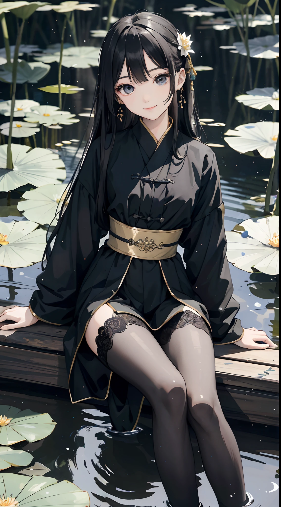 hoang lap,8K high resolution,ultra - detailed,(1girll:1.3),handpainted,Simple lines,-yeld giwearing black Chinese clothing,beuaty girl,In the lotus pond,tmasterpiece,Sit on a plank floating in the water,Floating hair,black pantyhoses,black pantyhoses,looking toward the viewer,ssmile