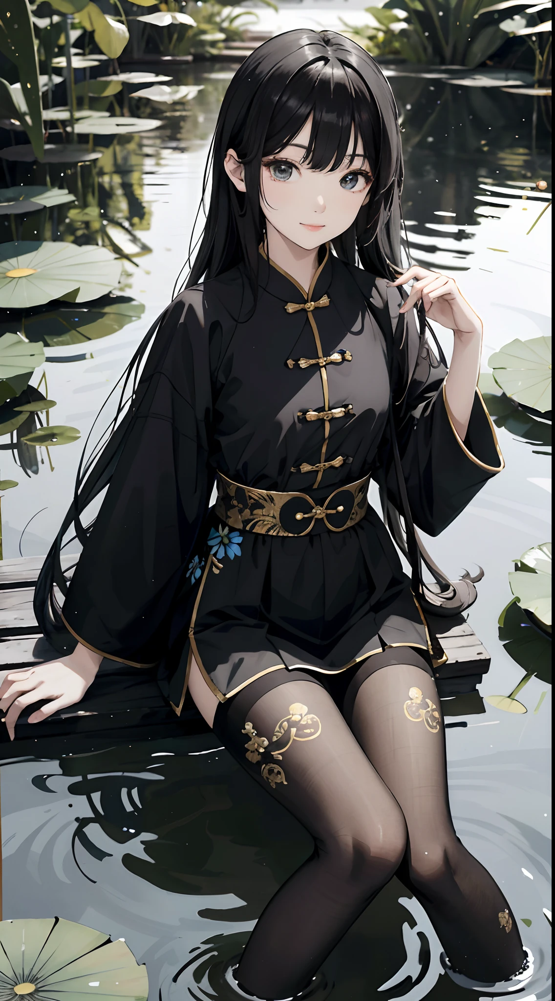 hoang lap,8K high resolution,ultra - detailed,(1girll:1.3),handpainted,Simple lines,16-year-old girl wearing black Chinese clothing,beuaty girl,In the lotus pond,tmasterpiece,Sit on a plank floating in the water,Floating hair,black pantyhoses,black pantyhoses,looking toward the viewer,ssmile