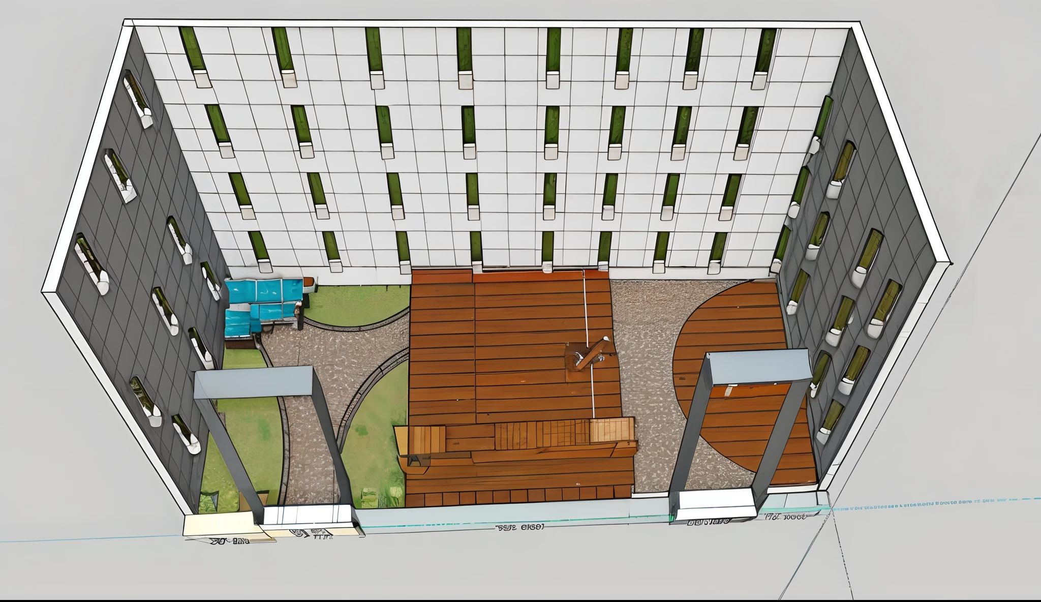 a rendering of a yard with a wooden floor and a tile wall, soil floor with many trees, isometric view!!!!, isometric perspective view, concept house, 3 d perspective, perspective view, sketch - up, outdoor design, conceptual, concept design, 3 d design, 3d design, concept drawing, architectural concept, isometric view, 2 d axonometric overhead view