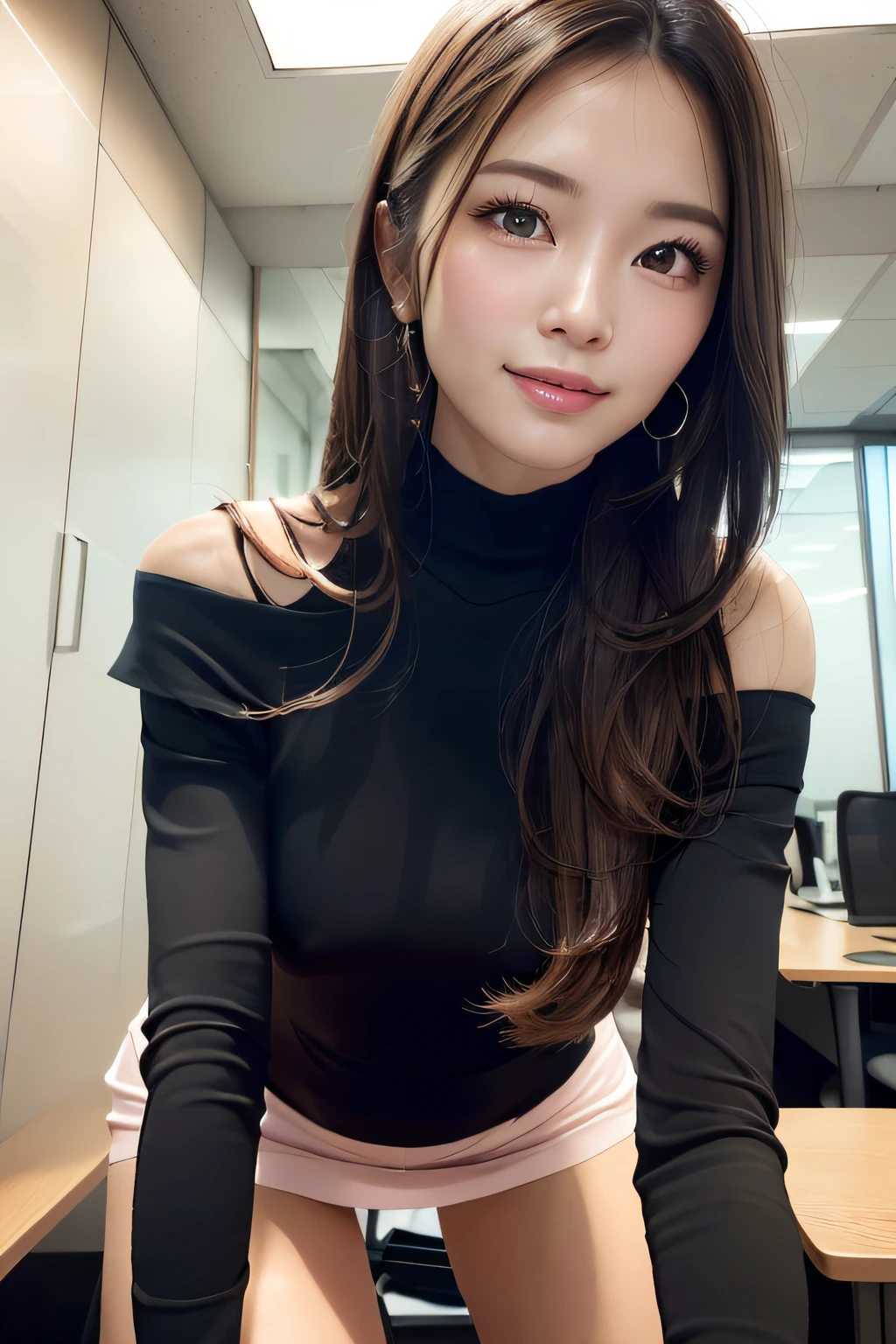 first-person-view, (masterpiece:1.3), high resolution, ultra detailed, extremely detailed CG unity 8k wallpaper, realistic, photo-realistic, RAW photo, beautiful detailed face, pale skin, realistic glistening skin, detailed cloth texture, detailed hair texture, Perfect body, Beautiful Face, accurate, Anatomically correct, Highly detailed face and skin texture, natural neck length, (beautiful hands), (fair skin:1.2), Thin legs, Thin feet, perfectly aligned teeth, 
BREAK, 
Detailed eyes, symmetric eyes, Light Brown eyes, Double eyelids, Thin eyebrows, (Glossy lips:1.4), (gently smile:1.2), (blush:1.1),
BREAK, 
(A Classy and Cute girl), (off-shoulder White silk blouse), (Light-Pink tight skirt:1.2), (Black sheer stockings),  ('zettairyouiki'), 
medium breasts, (slender figure:1.1), firm abs, beautiful clavicle, 
(Dark blonde hair, wavy hair, long hair:1.3), ((asymmetrical bangs:1.2)), 
BREAK, 
(Leaning forward by the desk), (Reaching out  a coffee:1.2), 
((in the modern office of Japan)), (Cowboy shot:1.2), looking at viewer, from below:0.65,