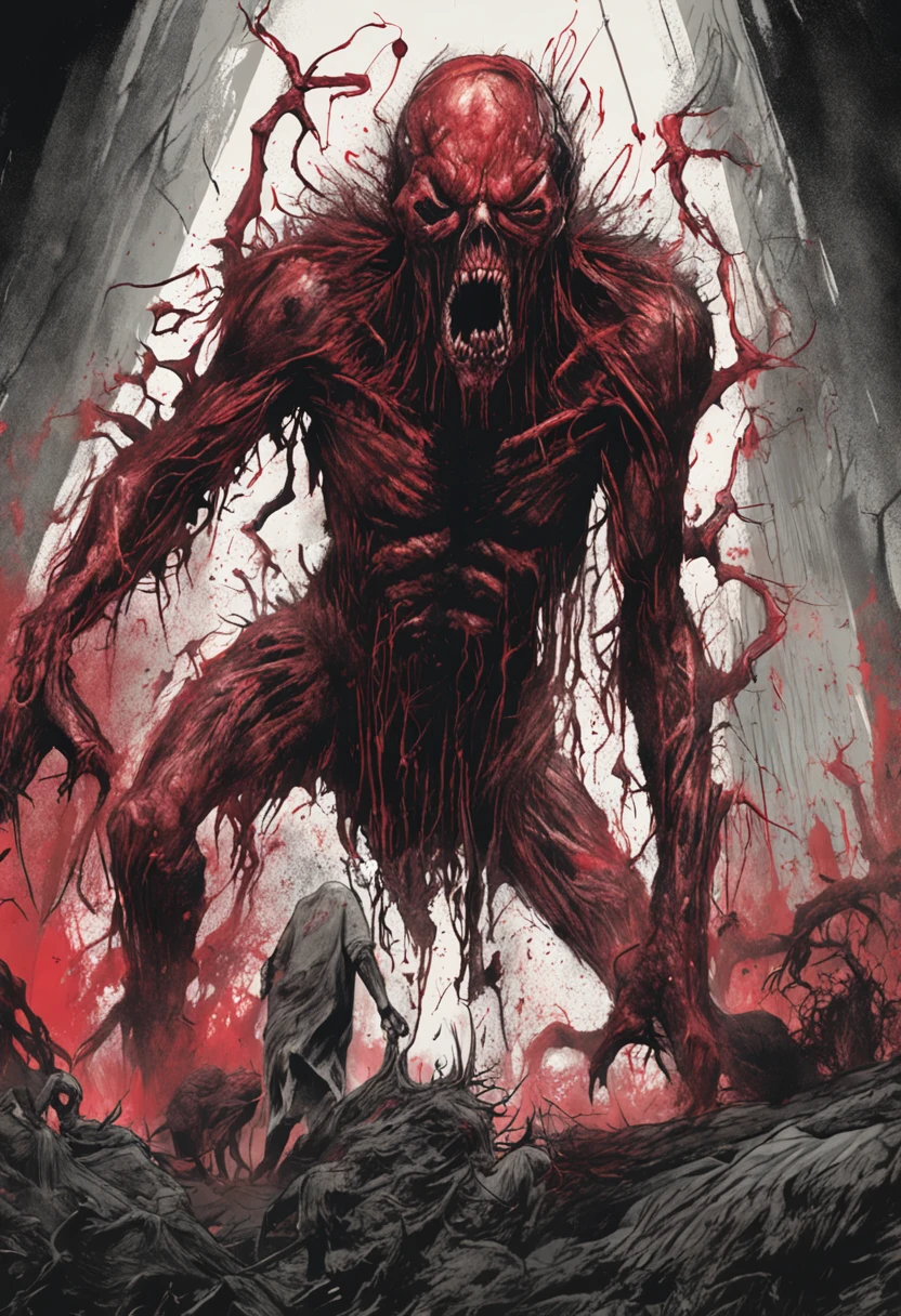 Holding a long-clawed hand towards the camera, Drawing of a demonic creature with a bloody face and a bloody head, genocide, Science - Fiction Horror Art, Science Fiction Horror Artwork, inspired by Aleksi Briclot, Fangs of Carnage, horror fantasy art, by Alexis Bricklot, Horror concept art, veneno, Fantasy and horror art, Detailed illustration of 4K horror, demonic creatures, dark fantasy horror art