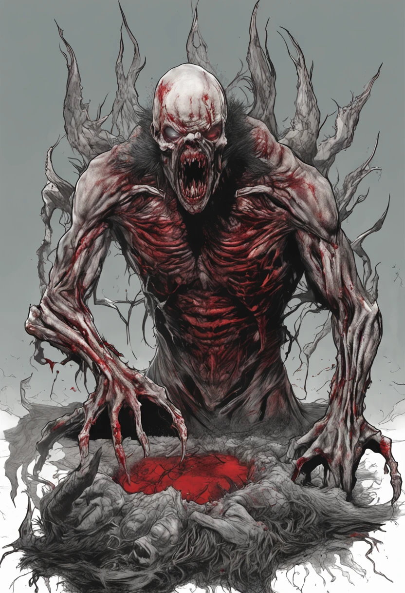 Holding a long-clawed hand towards the camera, Drawing of a demonic creature with a bloody face and a bloody head, genocide, Science - Fiction Horror Art, Science Fiction Horror Artwork, inspired by Aleksi Briclot, Fangs of Carnage, horror fantasy art, by Alexis Bricklot, Horror concept art, veneno, Fantasy and horror art, Detailed illustration of 4K horror, demonic creatures, dark fantasy horror art