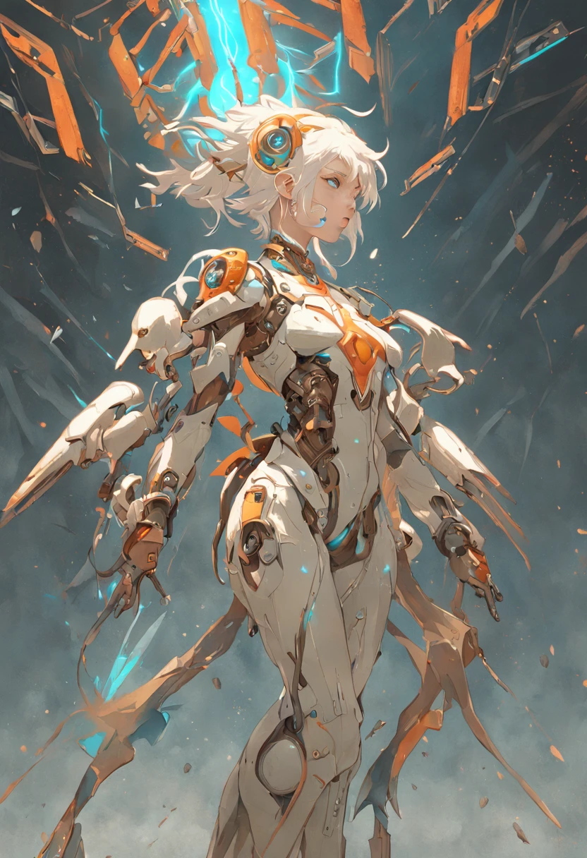 Full body concept characters post-apocalyptic warframe mech Tebash albino women Greg Rutkowski and Norman Rockwell and Alphonse Mucha Octane render masterpieces, trending on artstationh, behans, CGSesociety, Extremely detailed, Amazing, Beautiful, Rainbow colors, High definition, World renowned, PS5