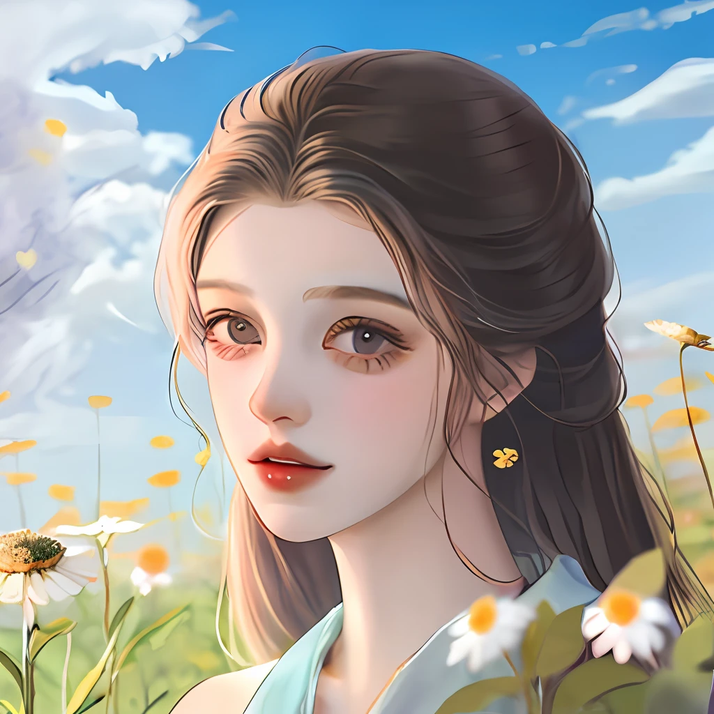 Chamomile field blue sky beautiful girl