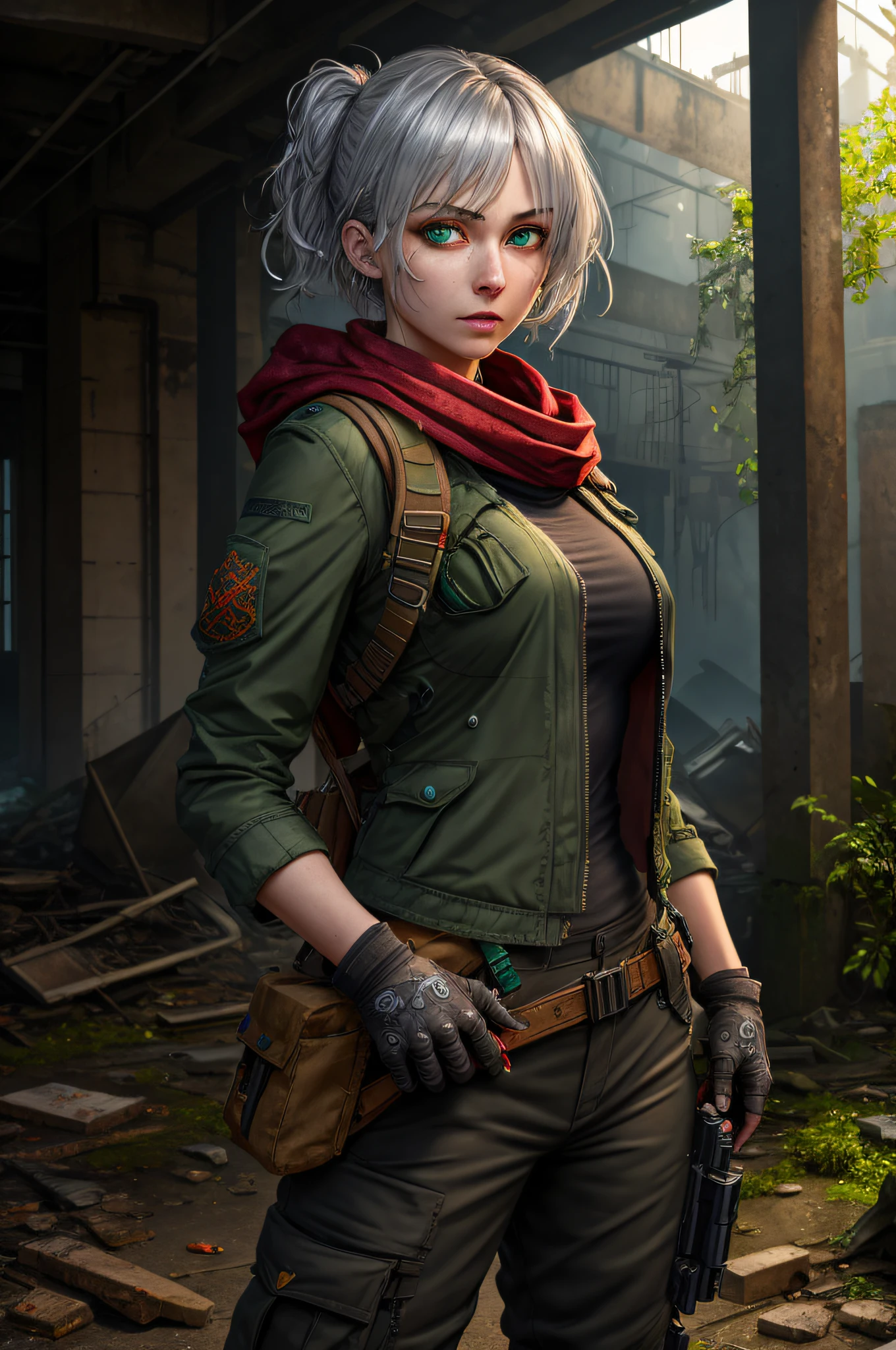 highres, highest quality, illustration, ultra detailed, (detailed face), (detailed eyes), cinematic lighting, best quality, hyper detailed, masterpiece,1girl, solo, medium hair, silver hair, green eyes, black jacket, black shirt, red scarf, fingerless gloves, watch, sling bag, black cargo pants, holding_gun, rifle, ruins, abandoned building, overgrowth, concrete buildings, serious look, luminous eyes, medium breasts, light rays, (colorful), dull, heavy rain