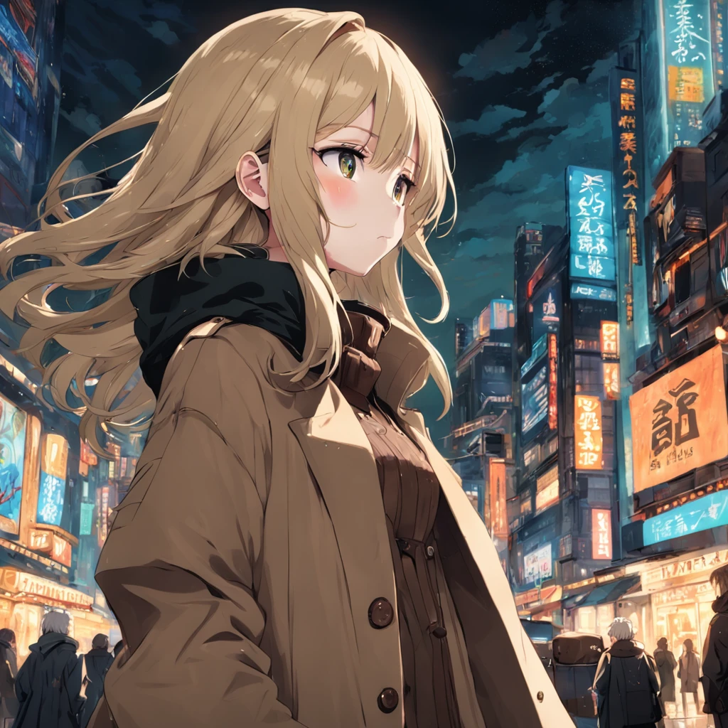 Khaki hair girl in brown coat and black booties。