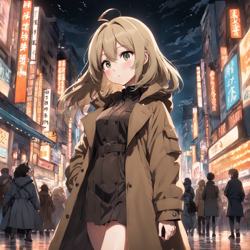 Khaki hair girl in brown coat and black booties。