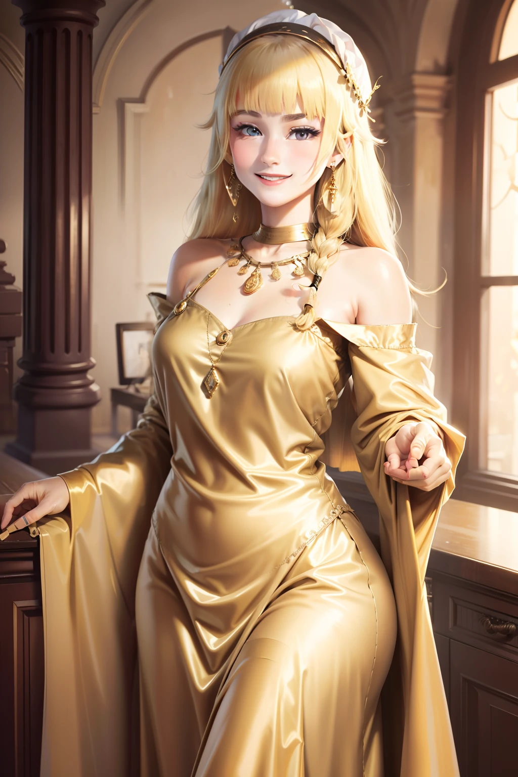 "Antique beauty,Gentle smile,Gold dress,Plain smile"